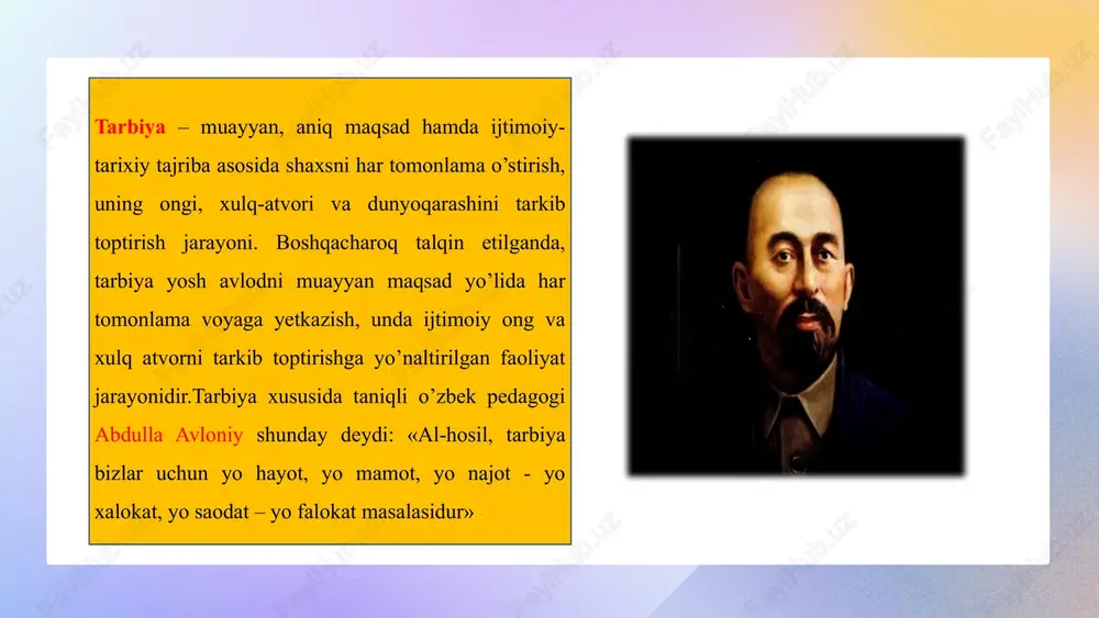 tizimi yig‘indisi sifatida ochib beradi. uchinchidan, tarbiya mazmuni deganda tarbiyachi va tarbiyalanuvchilar faoliyatining maqsadini, vazifalarini, shakllarini aniqlovchi muassasaning tarbiyaviy faoliyati. tarbiya mazmuni tarbiya maqsadi, vazifalari, ijtimoiy qadriyatlar hamda ideallar asosida shakllanadi. tarbiya jarayoni mazmuni qadriyatlarga bo‘lgan munosabatlarni va shaxs madaniyatini shakllantirish faoliyati sifatida ifodalanadi. tarbiyaning mazmuni jamiyatning ijtimoiy, ma’naviy va madaniy hayoti bilan uzviy bog‘liq bo‘lib, u inson shaxsini har tomonlama kamol toptirishga qaratilgan maqsadli pedagogik jarayonni anglatadi. tarbiya jamiyat tomonidan avlodlarga uzatiladigan qadriyatlar, axloqiy me’yorlar, dunyoqarash, madaniyat, mehnat ko‘nikmalari va ijtimoiy xulq-atvor namunalarini o‘z ichiga oladi. uning mazmuni shaxsning aqliy, axloqiy, estetik, jismoniy, mehnatga oid madaniyatini shakllantirish, insonning jamiyatdagi o‘rnini topa olishi, me’yorlarga mos xulq ko‘nikmalarini egallashi bilan belgilanadi. tarbiya mohiyati— bu shaxsning individual ichki dunyosiga aylanadigan, o‘zlashtirishi lozim bo‘lgan jamiyatning moddiy va ma’naviy madaniyati elementlari, g‘oya va ideallar, qadriyatlar, xulq-atvor normalari, bilimlar yig‘indisi. mohiyatiga ko‘ra bu insonni shaxs va jamiyat a’zosi sifatida shakllanadigan barchasi madaniyat hisoblanadi. tarbiya mazmuni …