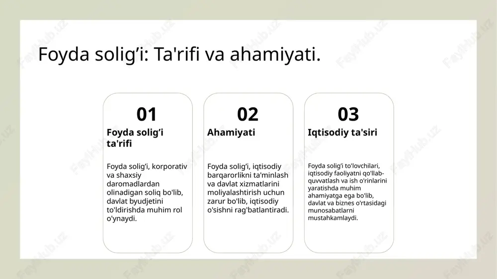 lat byudjetining asosiy manbai bo'lib, ijtimoiy dasturlarni moliyalashtirishda muhim rol o'ynaydi. ro'yxat orqali soliq to'lovchilarning faoliyati va ularning iqtisodiy ta'siri kuzatiladi. - davlat byudjeti uchun daromad manbai; - ijtimoiy va iqtisodiy dasturlarni qo'llab-quvvatlash; - soliq tizimining shaffofligini oshirish. photo by axp photography on unsplash foyda solig’i to'lovchilarining iqtisodiy rolini o'rganish. 1 foyda solig’i ahamiyati - foyda solig’i davlat byudjetini to'ldirishda muhim rol o'ynaydi, iqtisodiy barqarorlikni ta'minlashda va umumiy moliyaviy salohiyatni oshirishda yordam beradi. 2 soliq to'lovchilarning turi - o'zbekistonda foyda solig’i to'lovchilari ikki asosiy guruhga bo'linadi: yuridik shaxslar va jismoniy shaxslar, har biri o'ziga xos mas'uliyatga ega. 3 iqtisodiy ta'sir - foyda solig’i to'lovchilari iqtisodiy o'sishga hissa qo'shib, investitsiyalarni rag'batlantiradi va yangi ish o'rinlarini yaratadi, bu esa ijtimoiy farovonlikni oshiradi. 4 soliq siyosati va barqarorlik - samaraali soliq siyosati foyda solig’i to'lovchilarining iqtisodiy barqarorligini ta'minlaydi, bu esa davlat iqtisodiyotining o'sishiga va rivojlanishiga yordam beradi. soliq to'lovchilar: kichik va katta bizneslar …