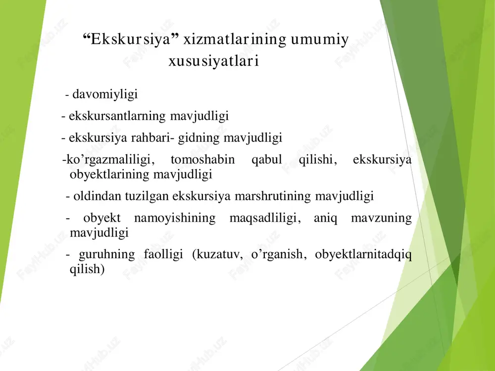 rga qiziqish, tarixga qiziqish va h.k.) ekskursiya xizmatlari mutaxasislarni, kadrlarni qayta tayyorlaydi, malakasini oshiradi va h.k. 10.2. gid-ekskursiyachi xizmati va uning vazifalari gid- ekskursiyachi mavzu bo„yicha materiallar to„playdi 4 turistlar guruhini boshqaradi 1 diqqatga sazovor joylarga ekskursiya o’tkazadi 2 ekskursiya mavzusini, marshrutini ishlab chiqadi 3 ekskursiyaning matnini tuzadi, materiallarini hikoya qilib beradi 5 «gid portfeli»ni taxlaydi 6 me‟morchilik va shaharsozlik ekskursiya obyektlari tabiatdagi ekskursiya obyektlari o„zbekiston hayotidagi o„tmishda qurilgan tarixiy- madaniy obidalar mashhur kishilar hayoti bilan bog„liq joylar arxeologik yodgorliklar ko„chalar, maydonlar, posyolkalar ekskursiyalar obyektlari sifatida quyidagilardan foydalanishimiz mumkin madaniy dunyo qarashlarni kengaytirish faoliyati axborotlar faoliyati ekskursiya madaniy dam olishni tashkil qilish faoliyati ilmiy tashviqot faoliyati qiziqishlarni shakllantirish faoliyati 10.1-rasm. ekskursiya xizmatining asosiy faoliyati 1. tashqi ko‟rinishi 3. professional talablar 10.3. gid-ekskursiyachiga qo‟yiladigan talablar 2. shaxsiy fazilat har qanday kasb mehnat faoliyat bilan bog„liq bo„lib shu kasbning asosiy xususiyatlarini belgilaydigan bilim va tajribaga ega bo„lishni talab qiladi. shuning uchun ham …
