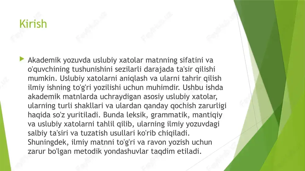 a aniq, texnik yoki ilmiy terminlarni ishlatish zarur. chunki so'zlarini noto'g'ri ishlatish  "chunki" so'zini noto'g'ri ishlatish akademik matnlarda uslubiy xatolarga olib keladi. bu so'z sababni yoki natijani bildiruvchi bog'lovchi bo'lsa-da, uni noto'g'ri qo'llash matnni noaniq va mantiqsiz qiladi.  misollar:  "men uyga boraman, chunki yomg'ir yog'adi." bu jumlada "chunki" so'zi noto'g'ri ishlatilgan, chunki uyga borishning sababi yomg'ir yog'ishi bo'lishi mumkin emas.  "u yaxshi o'quvchi, chunki u har doim kitob o'qiydi." bu jumlaga "chunki" so'zi to'g'ri qo'llangan, chunki kitob o'qish yaxshi o'quvchi bo'lishga olib keladi.  noto'g'ri ishlatishning salbiy ta'siri:  matnning mantiqiy tuzilishi buziladi.  o'quvchiga sabab-oqibat munosabatlarini noto'g'ri tushunish imkonini beradi.  to'g'ri ishlatish usullari:  "chunki" so'zini faqat sababni izohlashda ishlatish kerak.  "shuning uchun", "agar" yoki "buning natijasida" kabi iboralar bilan to'ldirib, mantiqiy bog'lanishni mustahkamlash. uslubiy xatolarni tahrir etmaslik  uslubiy xatolarni tahrir etmaslik ilmiy ishning sifatini pasaytiradi. xatolar o'quvchining tushunishini qiyinlashtiradi va matnni …