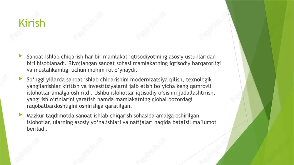 maxsus iqtisodiy zonalarda soliq imtiyozlari va boshqa yengilliklar. 🔹 chet el investitsiyalarini himoya qilish – xorijiy investorlar uchun huquqiy kafolatlar yaratish. 🔹 mahalliy va xalqaro hamkorlik – xalqaro moliyaviy institutlar bilan hamkorlik, jozibador shartlar yaratish. 🔹 infrastruktura rivoji – transport, kommunikatsiya va energiya tarmoqlarini modernizatsiya qilish.  investitsiyalarni jalb qilish sanoatni rivojlantirish va yangi texnologiyalarni joriy etishda muhim omil hisoblanadi. raqobatbardoshlikni oshirish bo‘yicha islohotlar  🔹 mahsulot sifatini oshirish – xalqaro standartlarga mos ishlab chiqarish va sertifikatlash. 🔹 mahalliy ishlab chiqaruvchilarni qo‘llab-quvvatlash – subsidiya va imtiyozlar orqali raqobatni kuchaytirish. 🔹 texnologik yangilanish – zamonaviy texnologiyalarni joriy etish va innovatsion mahsulotlar yaratish. 🔹 eksport imkoniyatlarini kengaytirish – yangi bozorlarga chiqish, xalqaro aloqalarni kuchaytirish.  bu islohotlar mahalliy sanoatni raqobatbardosh qilish va global bozorga chiqish uchun zarur. texnologik modernizatsiya 🔹 sanoat klasterlarini tashkil etish – bir nechta korxonalar birlashib, resurslar va texnologiyalarni baham ko‘rishi. 🔹 kredit va grant dasturlari – kichik va …