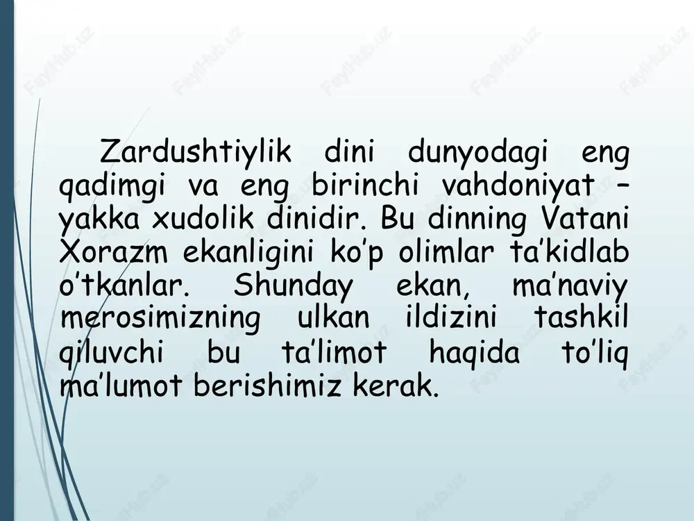 tiladi. zardushtiylik ta’limoti markaziy osiyoda ibtidoiy davrda mavjud bo’lgan tabiat kuchlarini ilohiylashtiruvchi e’tiqodlarga (markaziy osiyo qadimgi aholisining «eski dini»ga) nisbatan monoteistik ta’limotdir. u behuda qon to’kuvchi qurbonliklar, harbiy to’qnashuvlar, bosqinchilik urushlarini qoralab, o’troq, osoyishta hayot kechirishga, mehnatga, dehqonchilik, chorvachilik bilan shug’ullanishga da’vat etadi. moddiy hayotni yaxshilashga urinishni yovuzlikka qarshi kurash deb hisoblaydi. zardushtiylik dinida qo’riq yer ochib, uni bog’u-rog’ga aylantirgan odam ilohiyot rahmatiga uchraydi. aksincha, bog’lar, ekinzorlarni, sug’orish inshootlarini buzganlar katta gunohga qoladilar. zardusht insonlarga tinch-totuv yashashni, halol mehnat qilishni o’rgatmoqchi bo’ladi. bunga ko’ra insonning bu dunyodagi hayotiga yarasha narigi dunyodagi taqdiri ham bo’lajak, har bir inson o’lgandan so’ng o’zining bu dunyodagi qilmishiga yarasha abadiy rohat – jannatga, yoki yomon ishlari ko’p bo’lsa na xursandlik va na xafalik ko’rmaydigan arosat joy – misvongatuga tushadi. zardushtiylik negizida olamning qarama-qarshiliklar kurashi asosiga qurilgani turadi: yaxshilik va yomonlik, yorug’lik va qorong’ulik, hayot va o’lim o’rtasida abadiy kurash davom etadi. barcha yaxshiliklarni axura-mazda va …