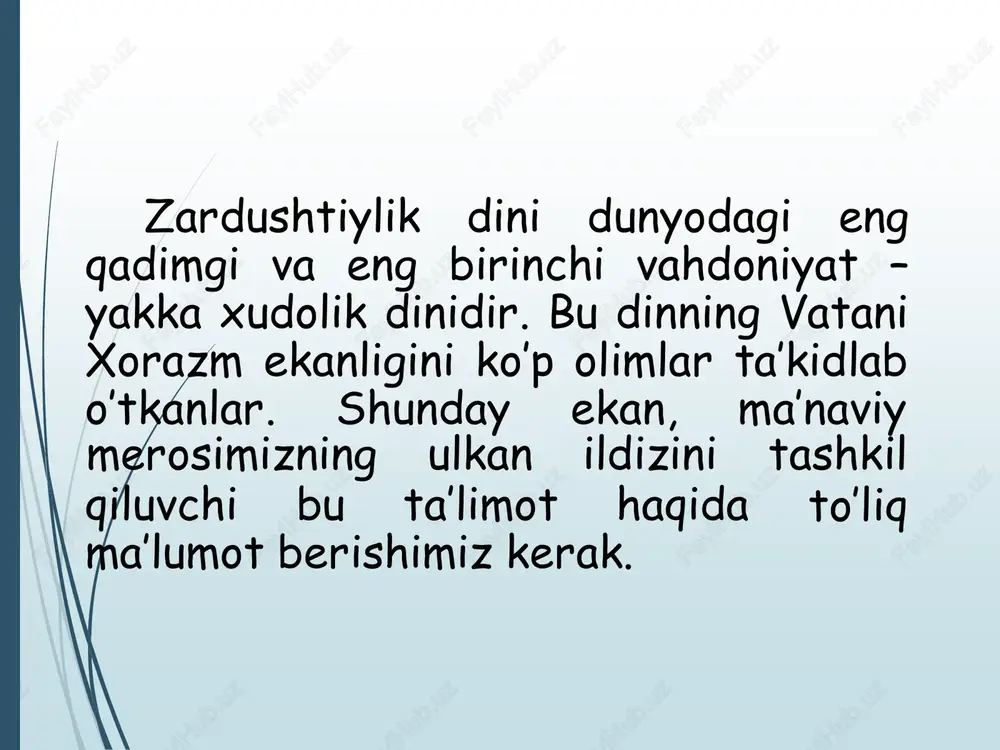 tiladi. zardushtiylik ta’limoti markaziy osiyoda ibtidoiy davrda mavjud bo’lgan tabiat kuchlarini ilohiylashtiruvchi e’tiqodlarga (markaziy osiyo qadimgi aholisining «eski dini»ga) nisbatan monoteistik ta’limotdir. u behuda qon to’kuvchi qurbonliklar, harbiy to’qnashuvlar, bosqinchilik urushlarini qoralab, o’troq, osoyishta hayot kechirishga, mehnatga, dehqonchilik, chorvachilik bilan shug’ullanishga da’vat etadi. moddiy hayotni yaxshilashga urinishni yovuzlikka qarshi kurash deb hisoblaydi. zardushtiylik dinida qo’riq yer ochib, uni bog’u-rog’ga aylantirgan odam ilohiyot rahmatiga uchraydi. aksincha, bog’lar, ekinzorlarni, sug’orish inshootlarini buzganlar katta gunohga qoladilar. zardusht insonlarga tinch-totuv yashashni, halol mehnat qilishni o’rgatmoqchi bo’ladi. bunga ko’ra insonning bu dunyodagi hayotiga yarasha narigi dunyodagi taqdiri ham bo’lajak, har bir inson o’lgandan so’ng o’zining bu dunyodagi qilmishiga yarasha abadiy rohat – jannatga, yoki yomon ishlari ko’p bo’lsa na xursandlik va na xafalik ko’rmaydigan arosat joy – misvongatuga tushadi. zardushtiylik negizida olamning qarama-qarshiliklar kurashi asosiga qurilgani turadi: yaxshilik va yomonlik, yorug’lik va qorong’ulik, hayot va o’lim o’rtasida abadiy kurash davom etadi. barcha yaxshiliklarni axura-mazda va …