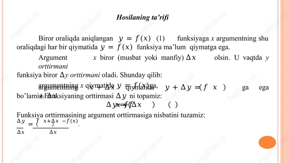 iq bo’yicha harakat qilib, 𝑀0 nuqtaga yaqinlasha boradi. 𝑀0𝑀1 kesuvchi 𝑀0 nuqta atrofida aylanadi va ∆𝑥o’zgarishi bilan 𝜑 burchak o’zgaradi. agar ∆𝑥 → 0 da 𝜑 burchak biror 𝛼 limitga intilsa, u holda 𝑀0 nuqtadan o’tuvchi va abssisalar o;qining musbat yo’nalishi bilan 𝛼 burchak tashkil qiluvchi to’g’ri chiziq izlangan urinma bo’ladi. uning burchak koeffitsiyentini topish qiyin emas. ∆𝑥→0 ∆𝑥→0 ∆𝑥 ∆𝑦𝑡𝑔 𝛼 =lim 𝑡𝑔𝜑 = lim= 𝑓′ 𝑥 . demak, 𝑓 ′ 𝑥 = 𝑡𝑔 𝛼, (2) yani argument x ning berilgan qiymatida 𝑓 ′ 𝑥 hosilaning qiymati f(x) funksiyaning grafigiga uning 𝑀0(𝑥, 𝑦) nuqtasidagi urinmasining ox o’qning musbat yo’nalishi bilan hosil qilgan burchak tangensiga teng. 2-misol. 𝑦 = 𝑥2egri chiziqqa𝑀 1 1 , 124 2; 𝑀 (−1,1) nuqtalardagi urinmalar og’malikburchaklarining tangenslari topilsin. yechish. ma’lumki 𝑦 ′ = 2𝑥, demak,𝑥= 12𝑡𝑔𝛼1 = 𝑦′ = 1;𝑡𝑔𝛼 2𝑥=−1 ′= 𝑦 = −2. elementar funksiyalarning hosilalari. 1.𝒚 = 𝒙𝒏 funksiyaning hosilasi 𝒚′ = …