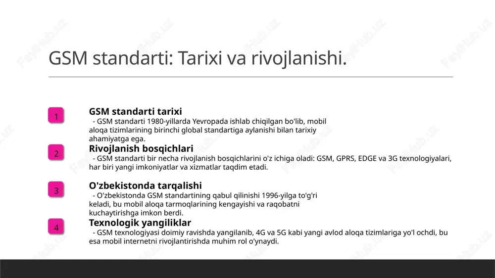 di, bu esa raqamli transformatsiyani tezlashtiradi. raqamli aloqa tizimlarining asosiy tamoyillari va ishlash prinsiplari. 01 raqamli aloqaning mohiyati raqamli aloqa tizimlari, ma'lumotlarni raqamli formatda uzatish va qabul qilishni ta'minlaydi, bu esa tezlik va sifatni oshiradi. 02 kodlash va uzatish raqamli aloqa tizimlarida ma'lumotlar kodlanadi va uzatiladi. bu jarayon uzatish paytida ma'lumotlarning xavfsizligini ta'minlaydi va uzatish samaradorligini oshiradi. 03 tarmoq arxitekturasi raqamli aloqa tizimlarida tarmoq arxitekturasi muhim ahamiyatga ega. u ma'lumotlarni uzatish yo'llarini belgilaydi va foydalanuvchilar o'rtasidagi bog'lanishni ta'minlaydi. 04 qayta ishlash va interpretatsiya olingan raqamli ma'lumotlar qayta ishlanadi va foydalanuvchilar tomonidan tushunish uchun interpretatsiya qilinadi. bu jarayon aloqa oqimini samarali boshqaradi. gsm standarti: raqamli aloqa tizimlari uchun global yondashuv. 1 gsm standartining ahamiyati gsm standarti raqamli aloqa tizimlarining global asosini tashkil etadi, bu esa mobil aloqa xizmatlarining keng tarqalishini ta'minlaydi. 2 global yondashuv gsm standarti butun dunyoda bir xil texnologiyalarni qo'llashga imkon beradi, bu esa mobil aloqa xizmatlarining global darajada …