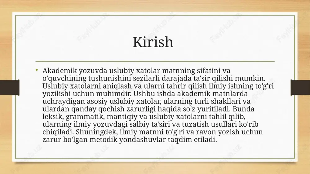 a aniq, texnik yoki ilmiy terminlarni ishlatish zarur. chunki so'zlarini noto'g'ri ishlatish • "chunki" so'zini noto'g'ri ishlatish akademik matnlarda uslubiy xatolarga olib keladi. bu so'z sababni yoki natijani bildiruvchi bog'lovchi bo'lsa-da, uni noto'g'ri qo'llash matnni noaniq va mantiqsiz qiladi. • misollar: • "men uyga boraman, chunki yomg'ir yog'adi." bu jumlada "chunki" so'zi noto'g'ri ishlatilgan, chunki uyga borishning sababi yomg'ir yog'ishi bo'lishi mumkin emas. • "u yaxshi o'quvchi, chunki u har doim kitob o'qiydi." bu jumlaga "chunki" so'zi to'g'ri qo'llangan, chunki kitob o'qish yaxshi o'quvchi bo'lishga olib keladi. • noto'g'ri ishlatishning salbiy ta'siri: • matnning mantiqiy tuzilishi buziladi. • o'quvchiga sabab-oqibat munosabatlarini noto'g'ri tushunish imkonini beradi. • to'g'ri ishlatish usullari: • "chunki" so'zini faqat sababni izohlashda ishlatish kerak. • "shuning uchun", "agar" yoki "buning natijasida" kabi iboralar bilan to'ldirib, mantiqiy bog'lanishni mustahkamlash. uslubiy xatolarni tahrir etmaslik • uslubiy xatolarni tahrir etmaslik ilmiy ishning sifatini pasaytiradi. xatolar o'quvchining tushunishini qiyinlashtiradi va matnni …