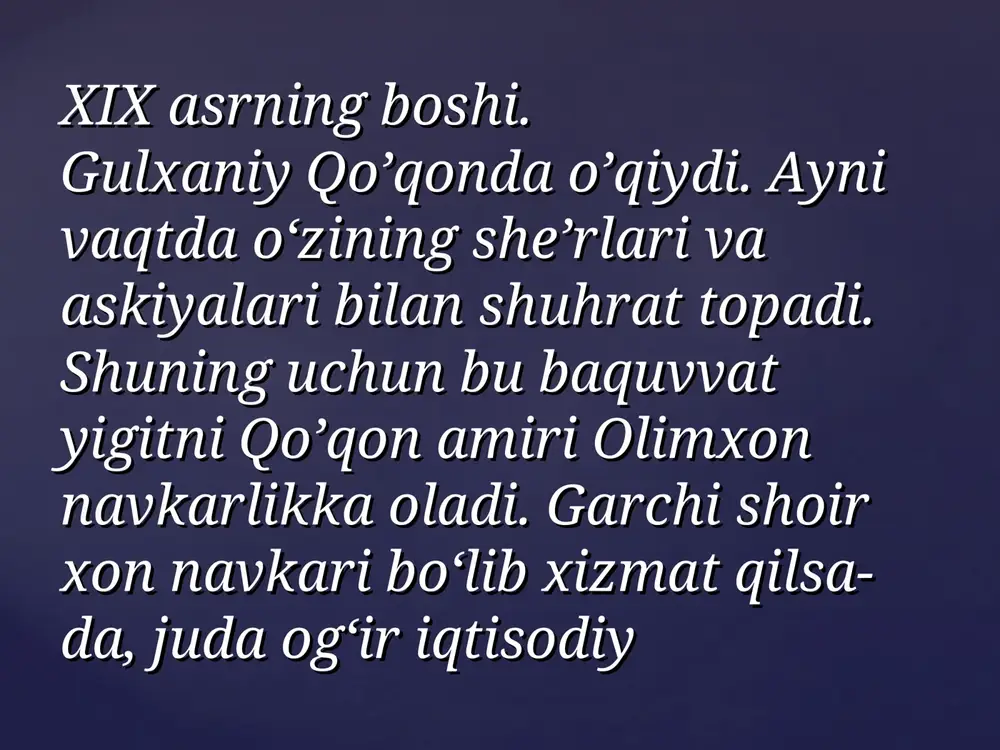 k va tojik tillarida yozilgan. biroq alohida devon holida bizga biroq alohida devon holida bizga yetib kelgan emas. gulxaniyning yetib kelgan emas. gulxaniyning she’rlari shoir yashagan davrda va she’rlari shoir yashagan davrda va undan keyin yozilgan turli undan keyin yozilgan turli to’plamlarda mavjud.to’plamlarda mavjud. 1980-yil.1980-yil. «zarbulmasal»ning ilmiy- «zarbulmasal»ning ilmiy- tanqidiy matn mohiyatidagi tanqidiy matn mohiyatidagi nashri yaratildi.nashri yaratildi. aydi: «xalq ichra bu bir kasbdur, aydi: «xalq ichra bu bir kasbdur, kasbni boshinga kiysang kasbni boshinga kiysang nasbdur».nasbdur». * * ** * * har kim odati nechuk bo‘lg‘ay, har kim odati nechuk bo‘lg‘ay, beirodat zuhr etar andin.beirodat zuhr etar andin. agar so‘z jona paydo agar so‘z jona paydo qilmasa so‘z, qilmasa so‘z, ani so‘z demagil, ey ani so‘z demagil, ey majlisafro‘z.majlisafro‘z. * * ** * * sabr ila barcha eshiqdur sabr ila barcha eshiqdur kushod, kushod, sabr ila eranlar topdi sabr ila eranlar topdi murod. murod. u haqda fazliyning u haqda …