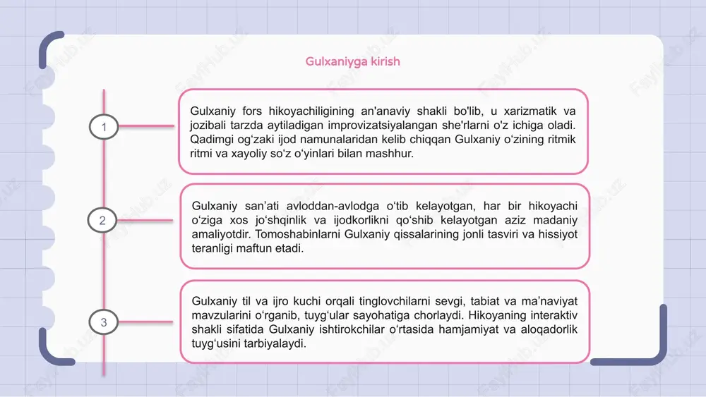 iyatini nishonlash vaqtidir. bu birdamlik va zavqlanish vaqti bo'lib, har bir inson umr bo'yi davom etadigan ezgu xotiralarni yaratish uchun birlashadi. 1 2 3 gulxaniy: pazandalik lazzati gulxani - gulxani: pazandalik lazzati - bu gulxanining an'anaviy taomlarini namoyish qiluvchi slayd. gulxani o'zining boy ta'mi, xilma-xil ingredientlari va pishirishning o'ziga xos usullari bilan mashhur. gulxani xushbo'y biryanidan tortib, shirali kabobgacha, har bir ta'mga mos keladigan turli xil mazali taomlarni taklif etadi. gulxaniy va salomatlik foydalari an'anaviy hind shirinligi bo'lgan gulxani zanjabil va kunjut urug'idan tayyorlanadi, nafaqat mazali taom, balki sog'liq uchun ham foydalidir. temir, kaltsiy va oqsilga boy gulxani suyaklarni sog'lomlashtiradi, immunitetni oshiradi va ovqat hazm qilishni yaxshilaydi. bu shirin tish uchun aybsiz indulgensiyadir. gulxani ratsioningizga kiritilsa, qondagi qand miqdorini tartibga soladi, yallig'lanishni kamaytiradi va tabiiy energiya manbai bo'ladi. sog'lom turmush tarzi uchun gulxaniyning yaxshiliklaridan bahramand bo'ling. gulxanining turli navlarini o'rganish gulxani - gulxanining turli navlarini o'rganish - bu mazali hind …
