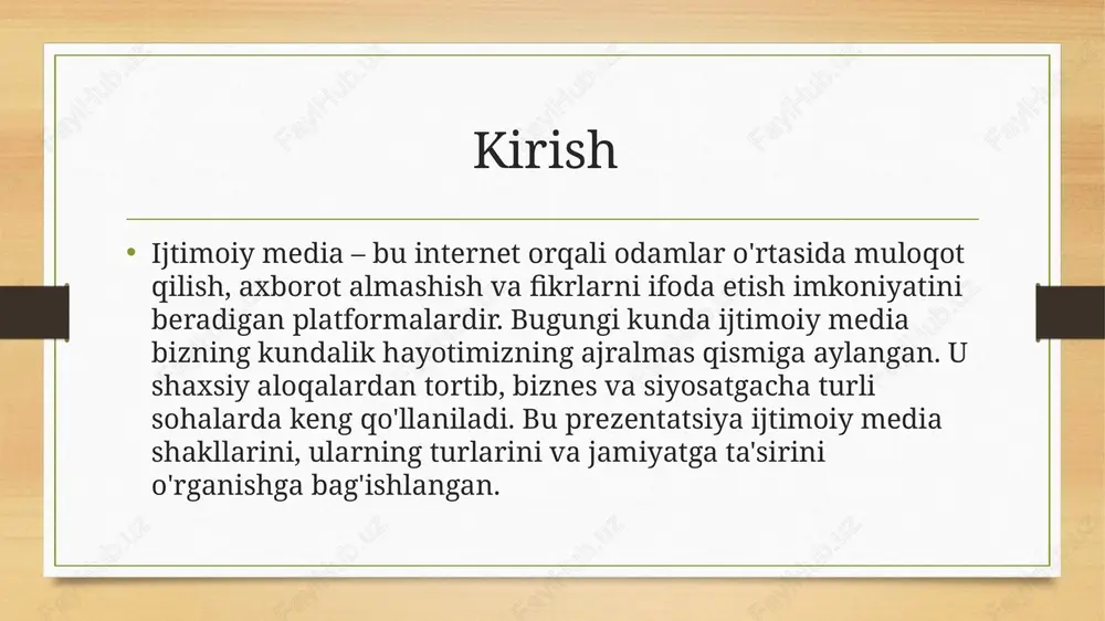 'zaro aloqalar va munosabatlar. • misollar: • facebook • instagram • twitter • ijtimoiy tarmoqlar odamlar o'rtasida virtual aloqalar o'rnatish va kontent almashish uchun keng qo'llaniladi. video platformalar • video platformalar – foydalanuvchilarga videolarni yaratish, yuklash va tomosha qilish imkonini beradigan ijtimoiy media shakllaridir. • xususiyatlar: • videolarni yaratish va tarqatish. • foydalanuvchilar tomonidan yuklangan kontent. • jonli efirlar va video sharhlar. • misollar: • youtube • tiktok • vimeo • video platformalar, asosan, ko'ngilochar, ta'limiy va marketing maqsadlarida keng qo'llaniladi. messengerlar • messengerlar – tezkor xabarlar yuborish va muloqot qilish uchun mo'ljallangan ijtimoiy media vositalaridir. • xususiyatlar: • shaxsiy va guruhli xabarlar. • multimedia (rasm, video, ovozli xabarlar) yuborish. • tezkor va interaktiv muloqot. • misollar: • whatsapp • telegram • facebook messenger • messengerlar foydalanuvchilarga tez va qulay tarzda muloqot qilish imkonini beradi. veb-saytlar va ilovalar • veb-saytlar va ilovalar – turli maqsadlar uchun foydalanuvchilarga xizmat ko'rsatadigan onlayn …