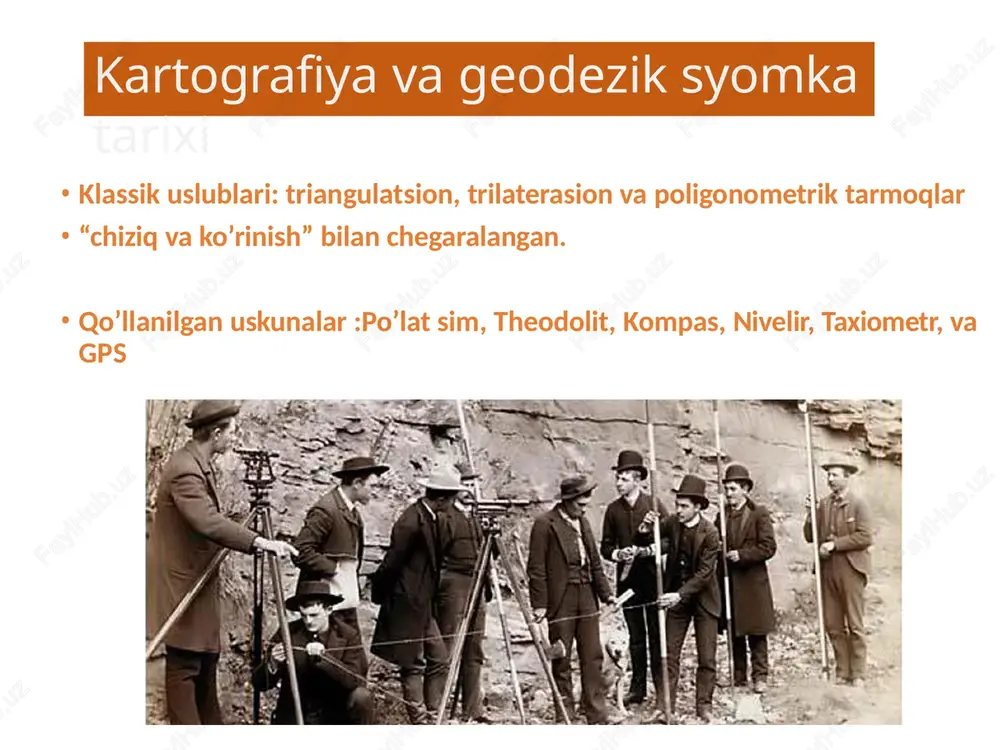 gps ? qanday ishlaydi? (5 bosqich) • gps bu uzluksiz tizim (triangulatsiya) • sputniklar 4 km/s tezlikda harakatda 1. a gps antenasi bir necha sputnikdan 1 tomonlama signal oladi • har bir signal vaqtdan iborat • har bir signal sputnik pozitsiyasini bildiradi 2. signal vaqti sputnik vaqti bilan solishtiriladi 3. delta-t nur tezligiga ko’paytiriladi (dt*c) (masofani topish uchun) 4. har bir masofa sputniklarning qaysi joyda ekanligini ko’rsatadi 5. bunday masofalar yig’indisi joy koordinatasini beradi xll vl masofa = olingan vaqt x nur tezligi ishlash prinsipi : masofa bir necha sputnik masofalari 1 diapazon konus yuzaning sferik yuza joylashuvini ko’rsatadi. 2 ta diapozon kesishuvi natijasida kuzatuvchi yumaloq gumbazli forma yuzani ko’rishi mumkin 3 diapozon 1va 2 chi natijani ushlab umumiy ko’rinishni beradi rasmlar sayti http://giswww.pok.ibm.com/gps http://giswww.pok.ibm.com/gps • masofalar vaqtlar farqlarini hisoblash orqali olinadi • oddiy gps larda oddiy soatlar o’rnatiladi va ular sputnik soatlaridan aniqliklari kam • nur tezligi 300 000 …
