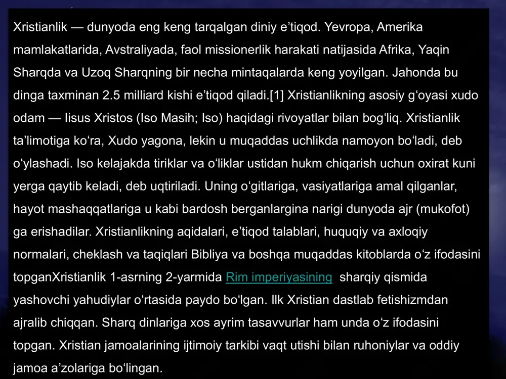 issada isa masihning hayoti, o limi, ʻ dirilishi va uning talimoti ko rsatilgan.ʻ biblia, xristian jamiyatida ilmiy, diniy va madaniy ro yxat ʻ hisoblanadi. tarix boyunca, qonunchilik ko plab tillarga ʻ tarjima qilingan va o zgarib borib kelgan, ammo ʻ muhimligini yitirmagan. dini talimotlar, ma naviy ʼ o lchamlar, o ziga xos etik anlayishlar va insoniy qadr-ʻ ʻ qimmatini qanday oshirish haqida ko plab amallar bu ʻ kitobda ifodalangan. xristianlik dini nima haqida o rganish mumkinʻ xristianlik, isa masih (isus krist)ning mabodi, o zining aytishlari, faoliyati va o limi ʻ ʻ asosida shakllangan, yaratganda bo lgan, uning og irligi, qiyomat va mardoning olamga ʻ ʻ qaytarilishiga ishonch, sevgi, halovat, miqyos va ma naviy tozalikni o rgangan diniy ʼ ʻ tizimdir. xristianlik, isa masihga ishonch ko rsatish, uning o zini tanish, uning ʻ ʻ buyukligini tan olish va uning o limi va dirilishiga ishonch ko rsatish orqali insonni ʻ ʻ tanishtirishni …
