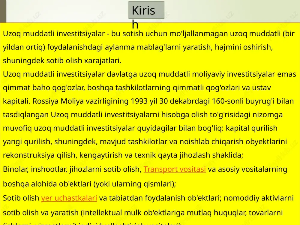 itsiyalar bir qancha obyektlarga bo'linishi mumkin, bu esa riskni kamaytiradi. ayniqsa, ko'p o'zlashtirish qilinayotgan holatlar uchun bu foydali bo'ladi. inflatsiya qarshi to'g'ri kelish: uzoq muddatli moliyalashtirish inflatsiya qarshi to'g'ri keladi, chunki uzun muddatda olib boriladigan daromad inflatsiyaga qarshi to'g'ri kelsa, moliyaviy ortiqcha daromadni yaratish imkoniyatini beradi. pension mablag'larini oshirish: uzoq muddatli moliyalashtirish pensiya mablag'larini oshirishda yordam beradi, shuningdek, uzun muddatda moliyaviy xavfsizlikni ta'minlashga imkoniyat yaratadi. xavfsizlik: uzoq muddatli investitsiyalar odatda moliyaviy xavfsizlikni ta'minlash uchun ko'p qo'llaniladi, lekin bunga qarshi daromad potentsialini pasaytirishi mumkin. bozorgi bo'lish: uzoq muddatli investitsiyalar boshqa, ko'proq qisqa muddatli investitsiyalar bilan solishtirilganda bozorgi bo'lish imkoniyatini o'z ichiga oladi. o'zgaruvchanlik: uzoq muddatli moliyalashtirish obyektlarida o'zgarishlar (soliq tizimi, siyosiy o'zgarishlar, sarmoyadorlik bozorga ta'sir, kabi faktorlar) uzun muddatda investitsiyalarni ta'sir qila oladi. qimmatli vaqt o'chishi: uzoq muddatli moliyalashtirishda mablag'lar uzun muddatda band qilinishi mumkin, bu esa mablag'lar bilan amal qilish vaqtining uzayishiga olib kelishi mumkin. kamchiliklari: 7 uzoq muddatli moliyalashtirishning …