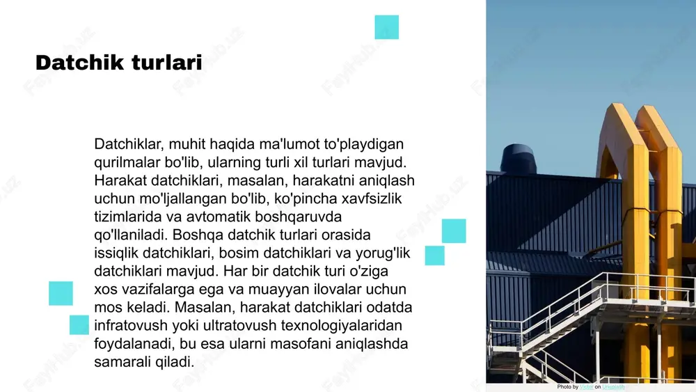 nlash va energiya samaradorligini oshirishda muhim ahamiyatga ega. s w o t sensorlar texnologiyasi tez rivojlanmoqda, bu esa yuqori aniqlik va samaradorlikni ta'minlaydi. ular keng ko'lamli sohalarda, jumladan, avtomatlashtirish va iot da qo'llaniladi. sensorlar narxi ko'pincha yuqori bo'lishi mumkin, bu esa ularni kiritishning to'siqi bo'lishi mumkin. shuningdek, ularning ishlashi atrof-muhit sharoitlariga bog'liq. sensor texnologiyasi yangi imkoniyatlar yaratmoqda, masalan, aqlli shaharlar va avtomatik nazorat tizimlari. bu sohada innovatsiyalar ko'paymoqda. raqobat kuchli, va yangi texnologiyalar tezda rivojlanmoqda. shuningdek, xavfsizlik masalalari sensorlar uchun tahdidlar keltirib chiqarishi mumkin. kuchli rivojlanish yuqori narx yangi imkoniyatla r raqobat va xavf dasturiy ta'minotning ta'rifi dasturiy ta'minot, harakat datchiklarining samarali ishlashi uchun zarur bo'lgan ko'rsatmalar va ma'lumotlar to'plamidir. u harakat datchiklarining ishlashini boshqarish, ma'lumotlarni yig'ish va tahlil qilish, hamda foydalanuvchi interfeyslarini yaratish uchun muhimdir. harakat datchiklari dasturiy ta'minot orqali real vaqtda ma'lumotlarni qayta ishlash va xavfsizlikni ta'minlash imkonini beradi. photo by victor on unsplash https://unsplash.com/@victor_g?utm_source=ai_slide_maker&utm_medium=referral https://unsplash.com/photos/yellow-and-black-factory-during-daytime-2pjmdigk9ea?utm_source=ai_slide_maker&utm_medium=referral dasturiy ta'minotning …