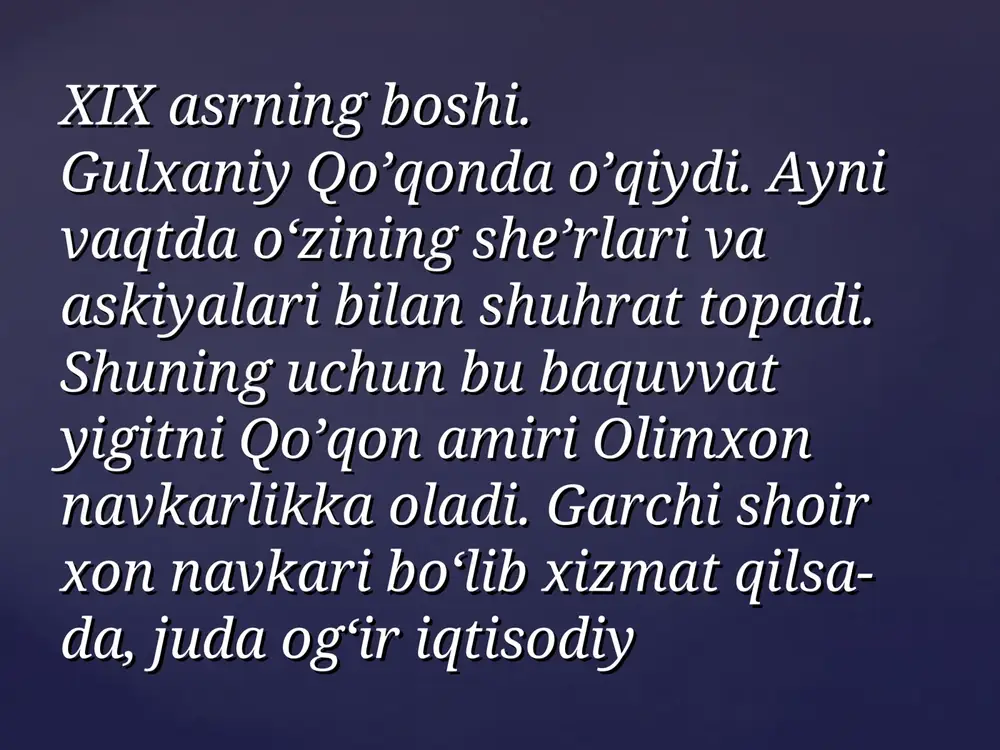 k va tojik tillarida yozilgan. biroq alohida devon holida bizga biroq alohida devon holida bizga yetib kelgan emas. gulxaniyning yetib kelgan emas. gulxaniyning she’rlari shoir yashagan davrda va she’rlari shoir yashagan davrda va undan keyin yozilgan turli undan keyin yozilgan turli to’plamlarda mavjud.to’plamlarda mavjud. 1980-yil.1980-yil. «zarbulmasal»ning ilmiy- «zarbulmasal»ning ilmiy- tanqidiy matn mohiyatidagi tanqidiy matn mohiyatidagi nashri yaratildi.nashri yaratildi. aydi: «xalq ichra bu bir kasbdur, aydi: «xalq ichra bu bir kasbdur, kasbni boshinga kiysang kasbni boshinga kiysang nasbdur».nasbdur». * * ** * * har kim odati nechuk bo‘lg‘ay, har kim odati nechuk bo‘lg‘ay, beirodat zuhr etar andin.beirodat zuhr etar andin. agar so‘z jona paydo agar so‘z jona paydo qilmasa so‘z, qilmasa so‘z, ani so‘z demagil, ey ani so‘z demagil, ey majlisafro‘z.majlisafro‘z. * * ** * * sabr ila barcha eshiqdur sabr ila barcha eshiqdur kushod, kushod, sabr ila eranlar topdi sabr ila eranlar topdi murod. murod. u haqda fazliyning u haqda …