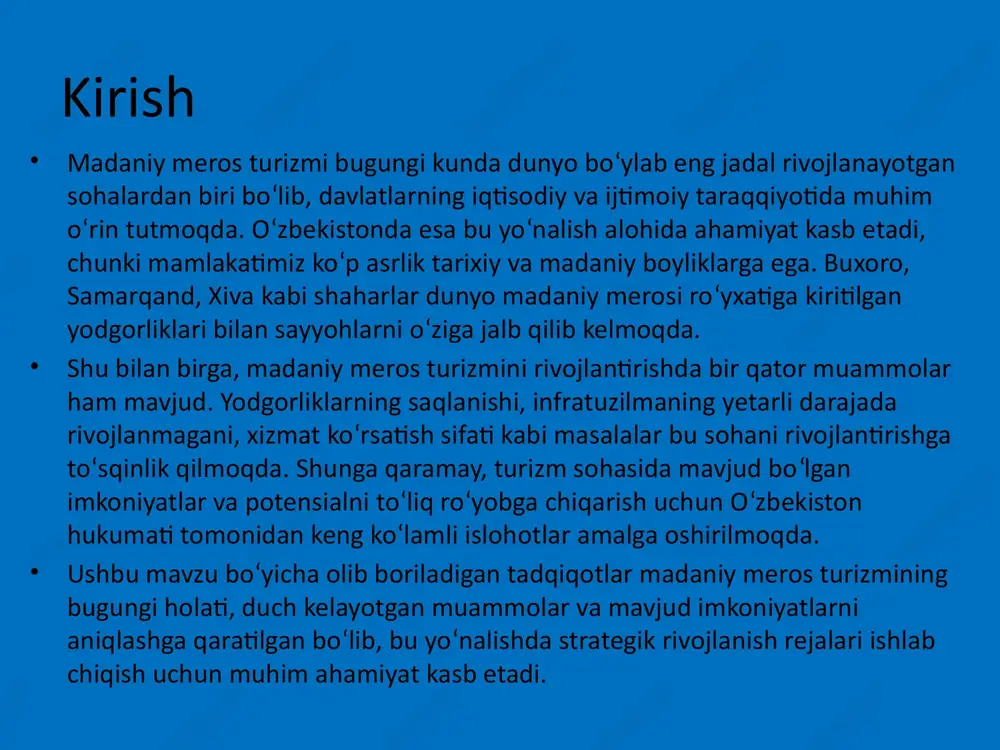 istonning ham turistik salohiyati ancha ‘ yuqori bo lib, o zida rekreatsiya, tog turizmi, ‘ ‘ ‘ sport va ekstrim turizm yoki ekoturizmni rivojlantirish mumkin. huddi shunday, qozog iston ham sayyohlik tez rivojlanayotgan ‘ mamlakat hisoblanadi. ayniqsa, qozog istonning ‘ baykanur kosmodromida yaqin 25-30 yil ichida “ ” turizmni yangi turi, bugungi kunda eng ko p sarf ‘ - harajat talab qilayotgan, ammo sarguzashtga boy, qiziqarli kosmik turizmni rivojlanishi ham ehtimoldan holi emas. • sayyohlikning bu turi bilan jahonning eng boy tabaqalari, sanoqli kishilargina shug ullanmoqda. ‘ vaholanki, dastlabki rasmiy turistik sayohatlarda x1x asrni oxirlarida aholining faqatgina elita qatlami, yuqori tabaqa vakillari ishtirok etgan edi. • o zbekistonni turistik salohiyatini asosan aleksandr ‘ makedonskiy, chingizhon, amir temur va so ngi ‘ honliklar davrida bunyod etilgan 4 000 dan ortiq katta kichik tarixiy yodgorliklar ham belgilab beradi. • ma lumot sifatida ta kidlash joizki, respublikamiz ’ ’ sayyohlar ko radigan joylar …
