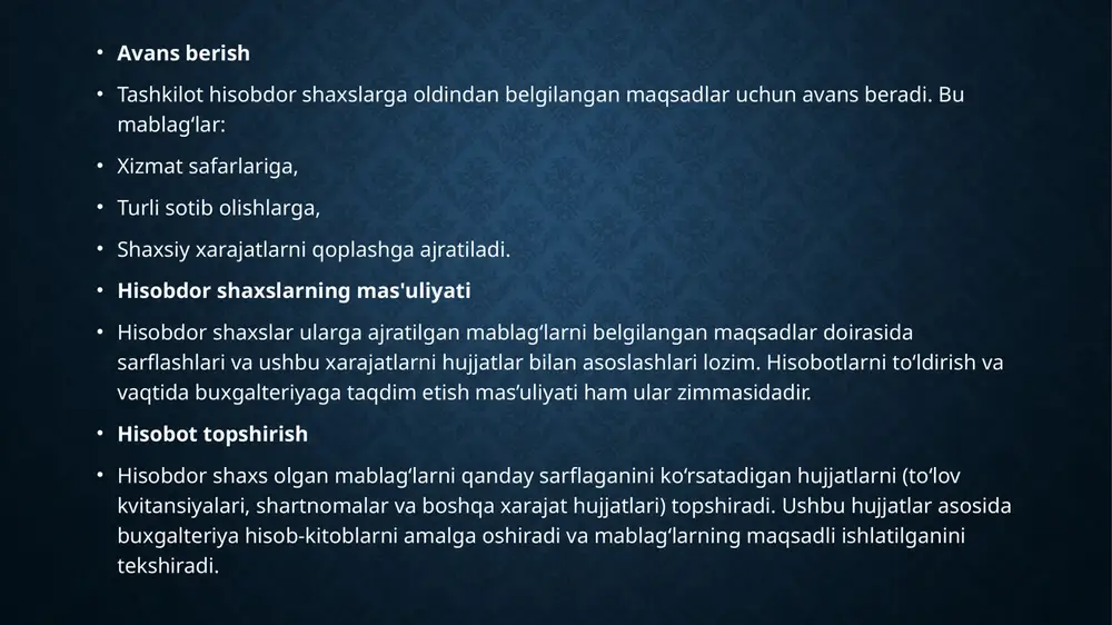 kerak. • o‘zaro hisob-kitoblar: mablag‘lar ajratilgan va sarflangan summalar davlat tashkiloti buxgalteriya hisobida maxsus hisobvaraklarda aks ettiriladi. har bir operatsiya buxgalteriya hisobida to‘g‘ri va aniq ko‘rsatilishi kerak, chunki bu davlat mablag‘larining hisobini olib borishga yordam beradi. • hisobdor shaxslar bilan bog‘liq buxgalteriya qoidalari • davlat sektorida buxgalteriya hisobi qat’iy tartib va qoidalarga rioya etgan holda olib boriladi. bunga quyidagi qoidalar kiradi: • mablag‘larning maqsadli ishlatilishi majburiy. • xarajatlar faqat tegishli hujjatlar bilan tasdiqlanishi lozim. • hisobdor shaxslarning har bir xarajati davlat tashkiloti tomonidan nazorat qilinadi. • hisobotlar vaqtida topshirilishi va to‘g‘ri shakllantirilishi shart. "hisobdor shaxslar bilan hisoblashuvlar hisobi" degan mavzu, asosan tashkilot yoki korxonada hisobdor shaxslar bilan bo‘ladigan moliyaviy hisob-kitoblarni tartibga solishni o‘rganishga qaratilgan. ushbu jarayonning asosiy jihatlari: hisobdor shaxslar – korxona tomonidan muayyan topshiriqlarni bajarish uchun mablag‘ ajratilgan xodimlar hisoblanadi. ular korxona mablag‘larini belgilangan maqsadlar uchun sarflashlari kerak. avans – hisobdor shaxslarga berilgan mablag‘lar avans sifatida beriladi. ular bu …