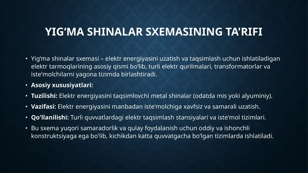 ganligi sababli yuklanishni qayta taqsimlash imkoniyati cheklangan.ʻ •texnik xizmatda vaqtning ko‘p sarflanishi: •tizimning ishlashi butunlay to‘xtatilmasdan, yig ma shinaga texnik xizmat ko‘rsatib bo‘lmaydi.ʻ •katta quvvatli tizimlar uchun mos emas: •katta hajmdagi energiya taqsimotida ishonchlilik va samaradorlik talablarini qondirmaydi. qo'llanilish sohalari • savdo va xizmat ko‘rsatish ob’yektlari: • savdo markazlari va kichik biznes tarmoqlari. • restoran, kafelar kabi ob’ektlarda. • zaxira tizimlari uchun kam talab bo‘lgan joylar: • elektr ta'minotida zaxira talab qilinmaydigan oddiy tizimlarda qo‘llaniladi. • qo‘llanilish shartlari: • tizim sodda va arzon bo‘lishi kerak bo‘lgan holatlar. • ishonchlilik darajasi past bo‘lsa ham qabul qilinadigan joylar • bir tizimli yigʻma shinalar sxemasining qo‘llanilish sohalari: • kichik va o‘rta quvvatli tarmoqlar: • kichik sanoat korxonalari va zavodlar. • maishiy energiya taqsimlash tizimlari (masalan, uy-joy massivlari). • elektr taqsimlash stansiyalari: • mahalliy elektr taqsimlash punktlari. • transformator punktlari. • yoritish tizimlari: • jamoat joylari va bog‘larning yoritish tizimlarini boshqarish. • ichki yoritish …