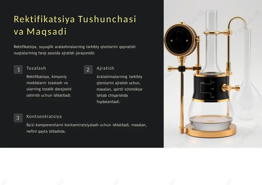 kologik jihatlarga e'tibor qaratish muhim. 3 tadqiqotlar rektifikatsiyaning yangi usullarini rivojlantirish va jarayonni takomillashtirish uchun tadqiqotlarni davom ettirish kerak. rektifikatsiya: tuzilishi va turlari rektifikatsiya: tuzilishi va turlari (2) rektifikatsiya tushunchasi va maqsadi rektifikatsiya qilish tamoyillari rektifikatsion kolonkalarning tuzilishi rektifikatsion kolonkalarda joriy jarayonlar ikki mahsulotli rektifikatsiya suyultirilgan rektifikatsion kolonkalar ikki yoki undan ortiq mahsulotli rektifikatsiya rektifikatsion kolonkalarni loyihalashtirish xulosa va takliflar
