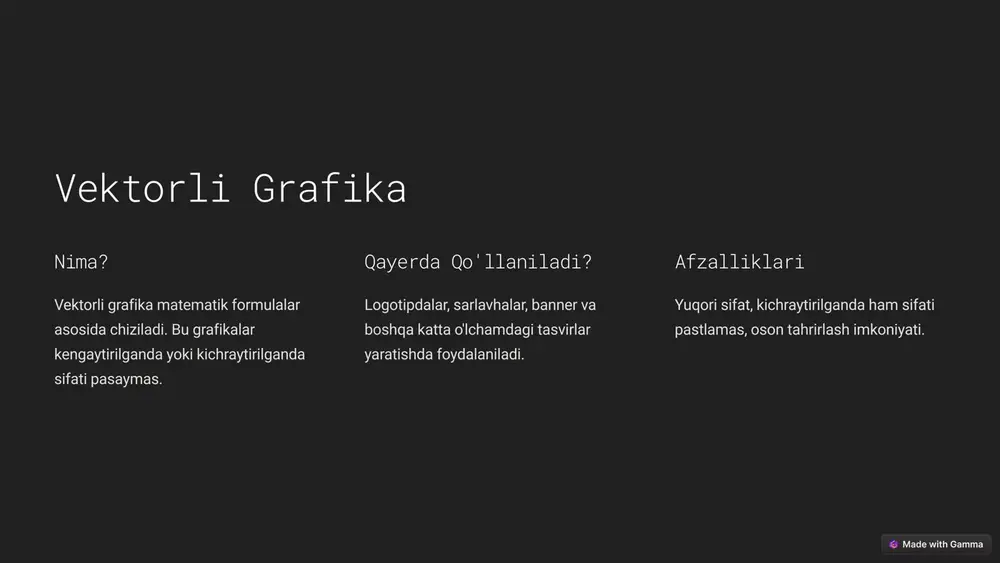 d-larda uch o'lchovli grafika va animatsiyalar bo'lishi mumkin. ko'p funksiyalilik videolar, ovozlar, rasm va boshqa multimedia elementlari birlashtirilgan bo'ladi. https://gamma.app/?utm_source=made-with-gamma e'tiboringiz uchun rahmat! https://gamma.app/?utm_source=made-with-gamma slide 1 slide 2 slide 3 slide 4 slide 5 slide 6 slide 7 slide 8 slide 9 slide 10 slide 11 slide 12