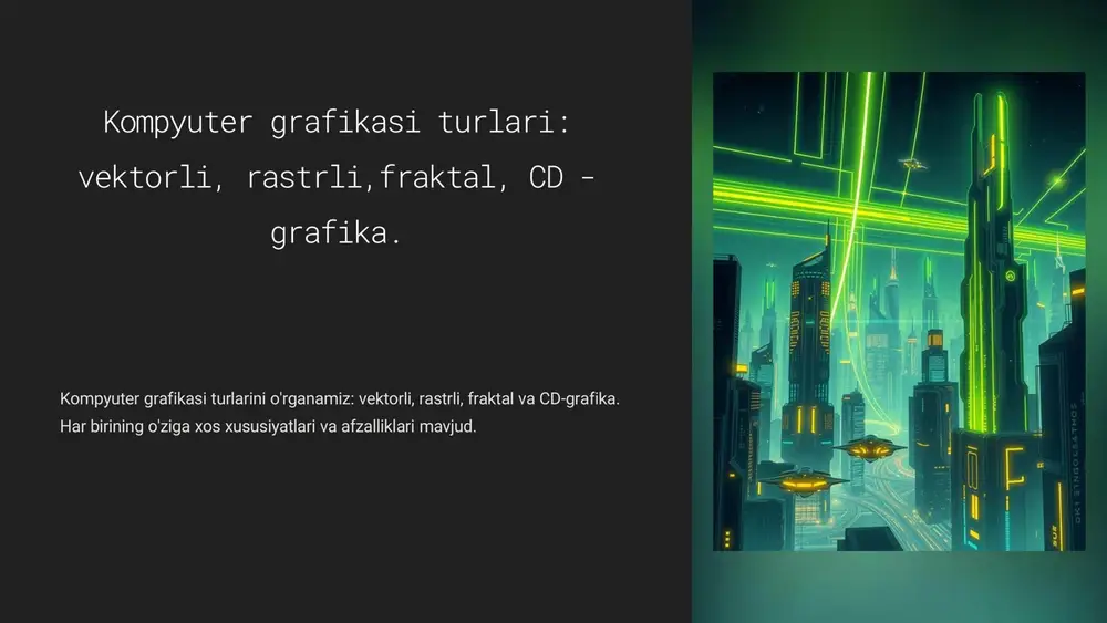 zalliklari 1 sifatlilik vektorli grafika matematik formula asosida yasalgani uchun kengaytirish yoki kichraytirish jarayonida sifat yo'qolmaydi. 2 tahrirlanuvchanligi vektorli grafika oson tahrirlanadi, ya'ni elementlar, ranglar, shakl va o'lchamlar bir necha marta o'zgartirilishi mumkin. 3 hajm vektorli grafika fayllar hajmi kichik bo'ladi, chunki matematik formulalar yoziladi, rassomlik elementlari emas. https://gamma.app/?utm_source=made-with-gamma rastrli grafikaning afzalliklari tabiiylik rastrli grafika tabiatning ko'rinishlarini juda tabiiy va real aks ettiradi. tafsilotlilik rastrli grafika piksellari ko'p bo'lgani uchun juda tafsilotli va mukammal tasvirlar yaratish imkonini beradi. ijodkorlik rastrli grafika yordamida rassomlar, dizaynerlar va boshqa ijodkorlar o'z g'oyalarini mukammal ifodalay olishadi. https://gamma.app/?utm_source=made-with-gamma fraktal grafikaning afzalliklari cheksizlik fraktal grafikalar matematikaviy formulalar asosida yaratilgani uchun ular cheksiz darajada murakkab va noyob bo'lishi mumkin. hajm fraktal grafikalarda juda katta miqdordagi ma'lumot saqlanishi mumkin, ammo ular juda kichik hajmli fayllar ko'rinishida saqlanadi. qo'llanish doirasi fraktal grafika rasm, dizayn, video, signal qayta ishlash va boshqa sohalarida qo'llanilishi mumkin. https://gamma.app/?utm_source=made-with-gamma cd-grafikaning afzalliklari yuqori sifat kompakt …