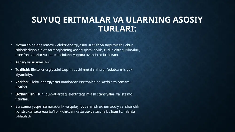an uziladi. •yuklanishni qayta taqsimlash qiyinligi: •yig ma shinalar bitta tizimga ulanganligi sababli yuklanishni qayta ʻ taqsimlash imkoniyati cheklangan. •texnik xizmatda vaqtning ko‘p sarflanishi: •tizimning ishlashi butunlay to‘xtatilmasdan, yig ma shinaga texnik ʻ xizmat ko‘rsatib bo‘lmaydi. •katta quvvatli tizimlar uchun mos emas: •katta hajmdagi energiya taqsimotida ishonchlilik va samaradorlik talablarini qondirmaydi. qo'llanilish sohalari • savdo va xizmat ko‘rsatish ob’yektlari: • savdo markazlari va kichik biznes tarmoqlari. • restoran, kafelar kabi ob’ektlarda. • zaxira tizimlari uchun kam talab bo‘lgan joylar: • elektr ta'minotida zaxira talab qilinmaydigan oddiy tizimlarda qo‘llaniladi. • qo‘llanilish shartlari: • tizim sodda va arzon bo‘lishi kerak bo‘lgan holatlar. • ishonchlilik darajasi past bo‘lsa ham qabul qilinadigan joylar • bir tizimli yigʻma shinalar sxemasining qo‘llanilish sohalari: • kichik va o‘rta quvvatli tarmoqlar: • kichik sanoat korxonalari va zavodlar. • maishiy energiya taqsimlash tizimlari (masalan, uy-joy massivlari). • elektr taqsimlash stansiyalari: • mahalliy elektr taqsimlash punktlari. • transformator punktlari. • …