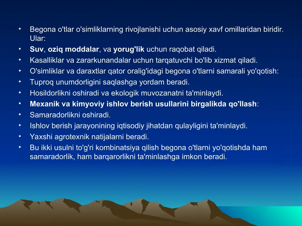 e va boshqa general herbicides. •gerbitsidlar qo'llanilish usullari •purkash: •gerbitsidlar o'simliklar yoki tuproqqa purkaladi. bu usul faqat begona o'tlar paydo bo'lgan hududlarda qo'llaniladi. •qo'llash vaqti: begona o'tlar faol o'sayotgan, yetarli namlik va harorat mavjud bo'lganda. •tuproqqa qo'llash: •ba'zi gerbitsidlar tuproqqa qo'llanadi, ular begona o'tlarning ildizlarini zararlaydi. •pre-emergent (germinatlar oldidan) va post-emergent (germinatlar keyin) gerbitsidlar mavjud, ular turli davrlarda qo'llaniladi. •kimyoviy ishlov berishning afzalliklari •tezkor natija: •gerbitsidlar tezkor ta'sir qiladi va begona o'tlarni qisqa vaqt ichida yo'q qiladi. •katta maydonlar uchun samarali: •katta maydonlarda qo'llash qulay, mexanik usullarga qaraganda kamroq vaqt talab etadi. •iqtisodiy jihatdan samarali: •kimyoviy vositalar ko'pincha mexanik usullarga nisbatan arzonroq va tezroq natija beradi. mexanik va kimyoviy usullarning ijobiy mexanik va kimyoviy usullarning ijobiy tomonlaritomonlari • begona o'tlarni yo'qotishda mexanik va kimyoviy usullarni birgalikda qo'llash o'zining bir qator ijobiy tomonlariga ega. har ikkala usulning afzalliklarini hisobga olgan holda, ular bir-birini to'ldiradi va samaradorlikni oshiradi. • mexanik usullarning ijobiy …