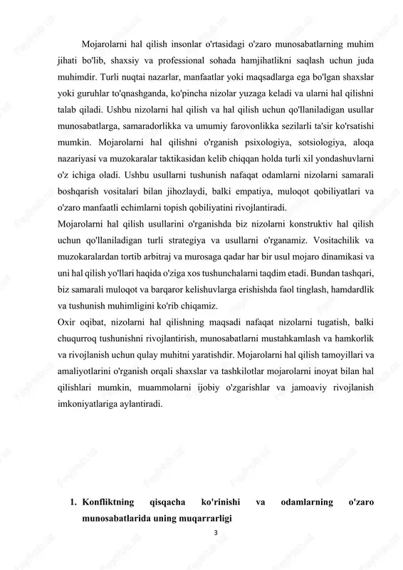 ammolari insoniy munosabatlardagi nizolarning muqarrarligida muhim rol o'ynaydi. ushbu qiyinchiliklar turli omillar tufayli yuzaga kelishi mumkin, jumladan: til to'siqlari: til yoki dialektlardagi farqlar tushunmovchilik va noto'g'ri talqinlarga olib kelishi mumkin, bu esa samarali muloqotga to'sqinlik qiladi. odamlar bir xil tilda gaplashganda ham, so'z boyligi, urg'u yoki muloqot uslublaridagi farqlar tushunish uchun to'siqlar yaratishi mumkin. madaniy tafovutlar: madaniy me'yorlar, qadriyatlar va aloqa shakllari jamiyatlarda juda katta farq qiladi va odamlarning o'zini qanday ifodalashi va boshqalarning 5 xabarlarini talqin qilishiga ta'sir qilishi mumkin. madaniy umidlar o'rtasidagi noto'g'ri moslashuv madaniy tushunmovchilik yoki befarqlikdan kelib chiqqan nizolarga olib kelishi mumkin. og'zaki bo'lmagan ishoralar: tana tili, yuz ifodalari va imo-ishoralar kabi og'zaki bo'lmagan muloqot ko'pincha og'zaki so'zlar bilan birga ma'noni ham bildiradi. biroq, og'zaki bo'lmagan signallarni noto'g'ri talqin qilish yoki og'zaki bo'lmagan muloqotdagi madaniy farqlar haqida xabardor bo'lmaslik chalkashlik yoki nizolarga olib kelishi mumkin. hissiy ifoda: tuyg'ular muloqotda hal qiluvchi rol o'ynaydi, odamlar o'z fikrlarini …