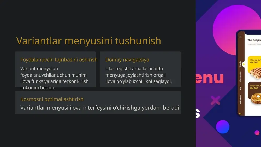 ta'sirini samarali boshqarish juda muhimdir. eng yaxshi amaliyotlar aniq navigatsiya va xususiyatlarni puxta tashkil etishni o'z ichiga oladi. menyular nafaqat funksional, balki estetik jihatdan yoqimli va foydalanuvchilar uchun intuitiv boʻlishini taʼminlash uchun ilgʻor funksiyalarni amalga oshirish boʻyicha amaliy tadqiqotlar va misollarni koʻrib chiqish zarur. umuman olganda, bu yondashuv uzluksiz va qiziqarli foydalanuvchi tajribasini yaratishga yordam beradi. e tiboringiz uchun rahmat ’ slide 1 slide 2 slide 3 slide 4 slide 5 slide 6 slide 7 slide 8 slide 9 slide 10 slide 11 slide 12