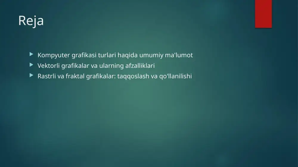 konseptlarni o'rgatishda, o'quvchilarga vizual yordam beradi, tushunishni oshiradi. vektorli grafikalar: asosiy tushunchalar va tarixiy rivojlanishi. 1 vektorli grafikalar tushunchasi - vektorli grafikalar matematik formulalar asosida yaratiladi, ularning sifatini yo'qotmasdan o'lchovlarini o'zgartirish imkonini beradi. 2 tarixiy rivojlanish - vektorli grafikalar 1960-yillarda ishlab chiqila boshlagan. ular dastlab ilmiy tadqiqotlarda va grafik dizaynda qo'llanilgan. 3 zamonaviy qo'llanilishi - bugungi kunda vektorli grafikalar web dizayn, animatsiya va mobil ilovalarda keng qo'llanilib, sifatli va o'lchovli grafikalar yaratishga xizmat qiladi. vektorli grafikalar va ularning raqamli dizayndagi o'rni. 1 vektorli grafikalar: ta'rifi vektorli grafikalar, matematik formulalar yordamida yaratilgan grafikalar bo'lib, ular aniqlikni yo'qotmasdan o'lchovlarini o'zgartirish imkonini beradi. 2 dizayndagi afzalliklari vektorli grafikalar, yuqori sifat va o'lchovlarida o'zgarishlarga chidamli bo'lgani uchun, raqamli dizaynda keng qo'llaniladi, ayniqsa logotiplar va chizmalar uchun. 3 ilovalari raqamli dizaynda vektorli grafikalar, grafik dizayn, animatsiya, va web dizayn kabi sohalarda qo'llanilib, ko'plab ijodiy imkoniyatlarni taqdim etadi. 4 dasturiy ta'minot vektorli grafikalar uchun adobe illustrator, …