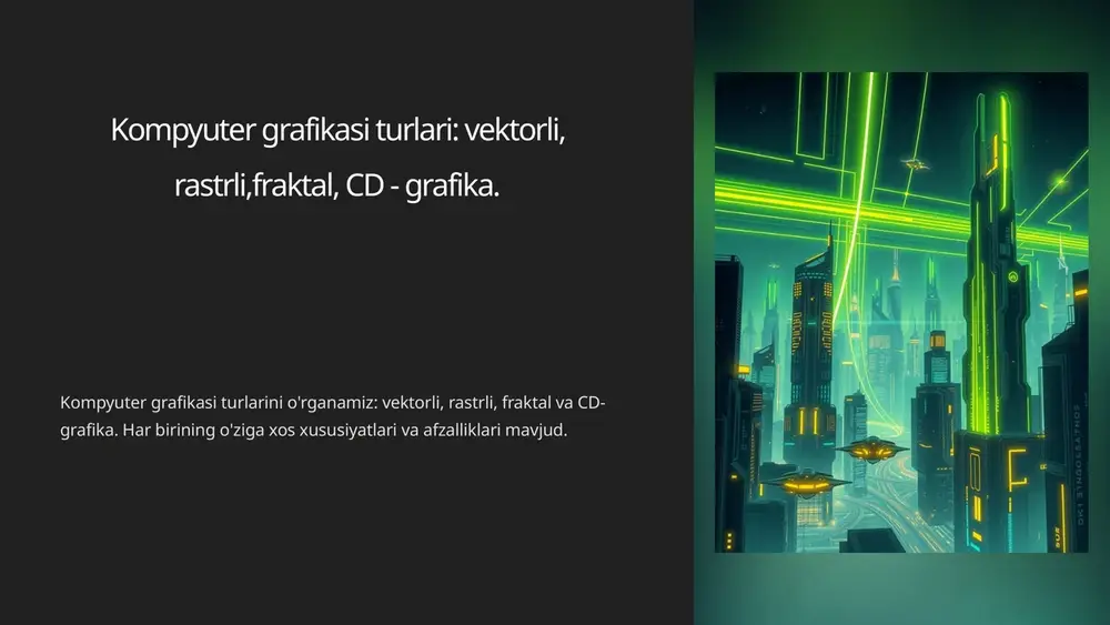 source=made-with-gamma vektorli grafikaning afzalliklari 1 sifatlilik vektorli grafika matematik formula asosida yasalgani uchun kengaytirish yoki kichraytirish jarayonida sifat yo'qolmaydi. 2 tahrirlanuvchanligi vektorli grafika oson tahrirlanadi, ya'ni elementlar, ranglar, shakl va o'lchamlar bir necha marta o'zgartirilishi mumkin. 3 hajm vektorli grafika fayllar hajmi kichik bo'ladi, chunki matematik formulalar yoziladi, rassomlik elementlari emas. https://gamma.app/?utm_source=made-with-gamma rastrli grafikaning afzalliklari tabiiylik rastrli grafika tabiatning ko'rinishlarini juda tabiiy va real aks ettiradi. tafsilotlilik rastrli grafika piksellari ko'p bo'lgani uchun juda tafsilotli va mukammal tasvirlar yaratish imkonini beradi. ijodkorlik rastrli grafika yordamida rassomlar, dizaynerlar va boshqa ijodkorlar o'z g'oyalarini mukammal ifodalay olishadi. https://gamma.app/?utm_source=made-with-gamma fraktal grafikaning afzalliklari cheksizlik fraktal grafikalar matematikaviy formulalar asosida yaratilgani uchun ular cheksiz darajada murakkab va noyob bo'lishi mumkin. hajm fraktal grafikalarda juda katta miqdordagi ma'lumot saqlanishi mumkin, ammo ular juda kichik hajmli fayllar ko'rinishida saqlanadi. qo'llanish doirasi fraktal grafika rasm, dizayn, video, signal qayta ishlash va boshqa sohalarida qo'llanilishi mumkin. https://gamma.app/?utm_source=made-with-gamma cd-grafikaning afzalliklari …