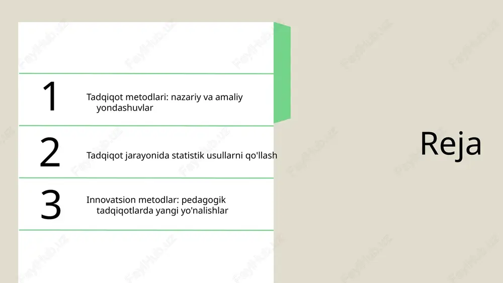 arda qo'llanilishi: - nazariy yondashuv pedagogik nazariyalarni rivojlantirishda, amaliy yondashuv esa pedagogik amaliyotni takomillashtirishda qo'llaniladi. tadqiqot metodlarining samaradorligi tadqiqot metodlarining samaradorligini baholash mezonlari: - tadqiqotning maqsadi va vazifalari. - metodologiyaning to‘g'riligi va dolzarbligi. - natijalar va ularning amaliy ahamiyati. samaradorlikni oshirish uchun tavsiyalar: - zamonaviy metodlarni qo‘llash. - o‘zaro hamkorlikni rivojlantirish. - o‘quv jarayonida innovatsion yondashuvlarni tatbiq etish. o'zbekistonda tadqiqot metodlarining samaradorligi haqida statistik ma'lumotlar: - 2021 yilda 60% tadqiqotlar o‘z maqsadlariga yetdi. - o‘zbekiston oliy ta'lim muassasalarida tadqiqotlarning 40% zamonaviy metodlardan foydalanadi. muvaffaqiyatli tadqiqotlar misollari: - o‘zbekistonning ta'lim tizimida innovatsiyalarni qo‘llash bo‘yicha tadqiqotlar. - mahalliy muammolarni hal etish uchun mintaqaviy tadqiqotlar. photo by aaron burden on unsplash https://unsplash.com/@aaronburden?utm_source=ai_slide_maker&utm_medium=referral https://unsplash.com/photos/opened-book-qjdzyt_k8xg?utm_source=ai_slide_maker&utm_medium=referral tadqiqot metodlari: muammolar va yechimlar tadqiqot metodlaridagi muammolar va ularni hal qilish yo'llari. tadqiqot metodlari bilan bog'liq muammolar orasida metodologik yondashuvlarning yetarlicha rivojlanmaganligi, ma'lumotlar to'plashda qiyinchiliklar, va tadqiqot natijalarining amaliy qo'llanilmasligi kabilar mavjud. muammolarni hal qilish yo'llari sifatida yangi metodologiyalarni …