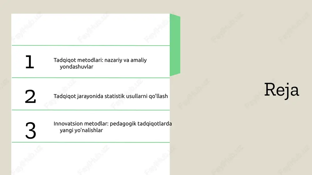 arda qo'llanilishi: - nazariy yondashuv pedagogik nazariyalarni rivojlantirishda, amaliy yondashuv esa pedagogik amaliyotni takomillashtirishda qo'llaniladi. tadqiqot metodlarining samaradorligi tadqiqot metodlarining samaradorligini baholash mezonlari: - tadqiqotning maqsadi va vazifalari. - metodologiyaning to g'riligi va dolzarbligi.‘ - natijalar va ularning amaliy ahamiyati. samaradorlikni oshirish uchun tavsiyalar: - zamonaviy metodlarni qo llash.‘ - o zaro hamkorlikni rivojlantirish.‘ - o quv jarayonida innovatsion yondashuvlarni tatbiq ‘ etish. o'zbekistonda tadqiqot metodlarining samaradorligi haqida statistik ma'lumotlar: - 2021 yilda 60% tadqiqotlar o z maqsadlariga yetdi.‘ - o zbekiston oliy ta'lim muassasalarida tadqiqotlarning ‘ 40% zamonaviy metodlardan foydalanadi. muvaffaqiyatli tadqiqotlar misollari: - o zbekistonning ta'lim tizimida innovatsiyalarni qo llash ‘ ‘ bo yicha tadqiqotlar.‘ - mahalliy muammolarni hal etish uchun mintaqaviy tadqiqotlar. photo by aaron burden on unsplash https://unsplash.com/@aaronburden?utm_source=ai_slide_maker&utm_medium=referral https://unsplash.com/photos/opened-book-qjdzyt_k8xg?utm_source=ai_slide_maker&utm_medium=referral tadqiqot metodlari: muammolar va yechimlar tadqiqot metodlaridagi muammolar va ularni hal qilish yo'llari. tadqiqot metodlari bilan bog'liq muammolar orasida metodologik yondashuvlarning yetarlicha rivojlanmaganligi, ma'lumotlar to'plashda qiyinchiliklar, va …
