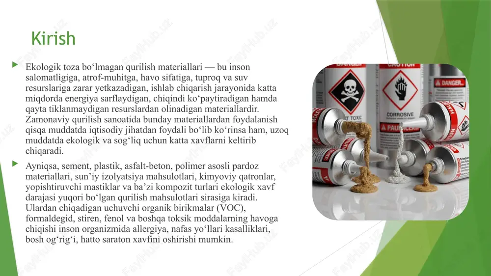 shadigan moddalar bo‘lib, qurilish jarayonida uchuvchi organik birikmalar ajratadi. ulardan foydalanish vaqtida maxsus himoya kiyimlari talab etiladi. ular qotgandan keyin ham sekin tabiiy gaz ajratishi mumkin. epoksi qatronlar, poliuretanlar, mastiklar  yomon sifatli dsp (drevesno-strujchniy plita), osb va sun’iy gipsli materiallarda formaldegid qatronlari yuqori bo‘ladi. muhrlanmagan bunday plitalar xonada o‘tkir hid taratadi, bosh og‘rig‘i, ko‘z yoshanishi, allergiya keltirib chiqaradi. arzon sun’iy gips, dsp va osb plitalaridagi formaldegid  atmosfera ifloslanishi  qurilish materiallari ishlab chiqarish natijasida co , so , nox, changlar, uchuvchi organik ₂ ₂ birikmalar ajraladi. sement zavodlari va asfalt zavodlari havoni ifloslantiruvchi eng katta manbalardir. havo sifati yomonlashganda aholida bronxit, astma, yurak-qon tomir kasalliklari ko‘payadi. ekologik zararlarni baholash va ta’sir mexanizmi  beton va sement chiqindilari suvga tushganda ph darajasini oshiradi va suv ekotizimiga zarar yetkazadi. plastmassa chiqindilari suvda yillar davomida saqlanadi va mikroplastikalar shaklida qayta-qayta oziq zanjiriga kirib boradi. suv resurslariga salbiy ta’sir  qurilish chiqindilari …