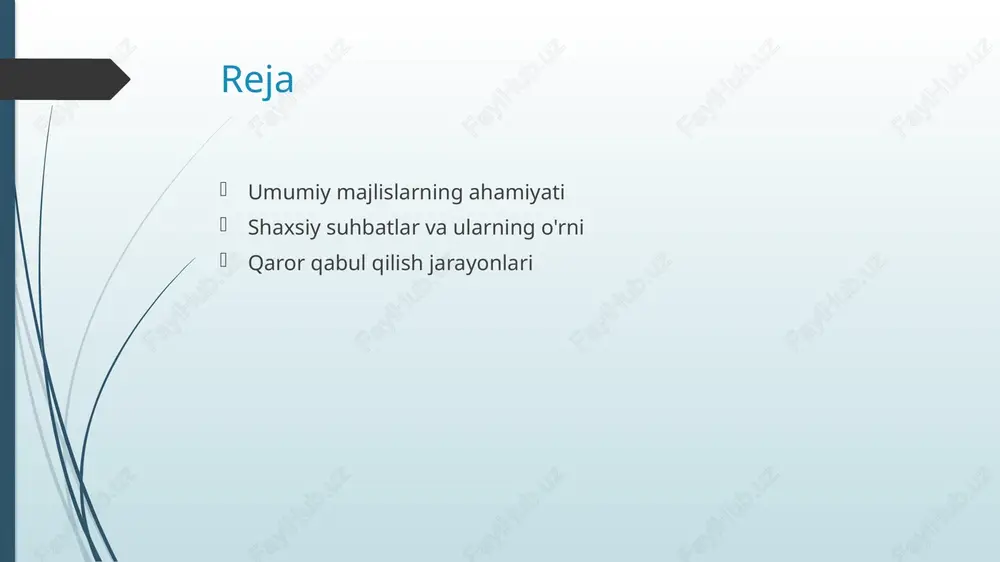 ri muloqot qoidalarini belgilash majlis samaradorligini oshiradi. ochiq va samimiy muloqot, barcha ishtirokchilarning fikrlarini ifodalashlariga yordam beradi. 3 vaqtni boshqarish vaqtni samimiy boshqarish majlislarning samaradorligini oshiradi. rejalashtirilgan vaqt ichida barcha muhim masalalarni muhokama qilish, natijalar olish imkonini beradi. shaxsiy suhbatlarning ahamiyati va ularning ijtimoiy roli. 1 shaxsiy suhbatlarning roli - shaxsiy suhbatlar insonlar o'rtasida ishonch va yaqinlikni oshiradi, bu esa sog'lom ijtimoiy munosabatlarni rivojlantirishga yordam beradi. 2 o'zaro tushunish - shaxsiy suhbatlar o'zaro tushunishni kuchaytiradi, chunki ular fikrlar va his-tuyg'ularni ochiq va samimiy ifodalash imkonini yaratadi. 3 ijtimoiy muhit - shaxsiy suhbatlar ijtimoiy muhitda muhim ahamiyatga ega, chunki ular guruhi ichidagi aloqalarni yaxshilash va hamkorlikni rivojlantirishga yordam beradi. shaxsiy suhbatlar: muloqot va o'zaro tushunish. muloqot jarayoni shaxsiy suhbatlar muloqot jarayonida o'zaro fikr almashish va tushunishni rivojlantirish uchun muhim ahamiyatga ega. ular samimiy va ochiq muloqotga asoslanadi. o'zaro tushunish o'zaro tushunish shaxsiy suhbatlarda muhim rol o'ynaydi. bunda ishtirokchilarning hissiyotlari va fikrlari …