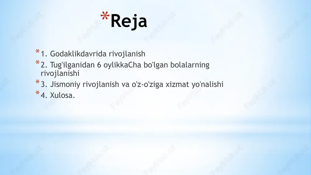 asining asosiy qismi uning tez o`sishiga va jismoniy jihatdan chiniqishiga sarf bo`ladi, chunki yuqorida aytib o’tilganidek, bola tug`ilganidan 3oppis dastlabki vaqtlarda jismoniy jihatdan ayniqsa tez usadi. bola sekin kamroq uxlaydigan bo`ladi va atrofdagi narsalarning ta`siriga ko`proq qiziqadigan bo`ladi. bir oylik bola narsalarning xarakatiga qarab, boshini burishi mumkin, ikkinchi oyga utganda u tovush kelgan tomonga qarab boshini buradi, keyinroq esa ovozni eshitib, gapirgan kishini ko`zi bilan qidira boshlaydi. umumlashtirishda nutq muhim ahamiyat kasb etadi. masalan, soat deyilishi bilan bola qo`l soatini yoki devordagi osma soatni ham tushunishi mumkin, lekin, ular turlicha bo`lganligi bois, ularda umumiylikni 3oppish bola uchun birmuncha qiyinroq hisoblanib, bu borada fikrlash yordamga keladi va umumlashtirishni tashkil etadi. 2-3 yoshli bolalar ma`lum bir predmetlarning o`rniga ularning o`rnini bosishi mumkin deb hisoblagan boshqa narsalardan ham foydalanadilar. masalan, o`yin jarayonida bola qoshiq yoki termometr o`rnida, yog’ochdan yasalgan krovat yoki mashina o`rnida foydalanishi mumkin. bir predmetni boshqasi o`rnida qo`llaniladi. tug'ilganidan 6 oylikkacha …