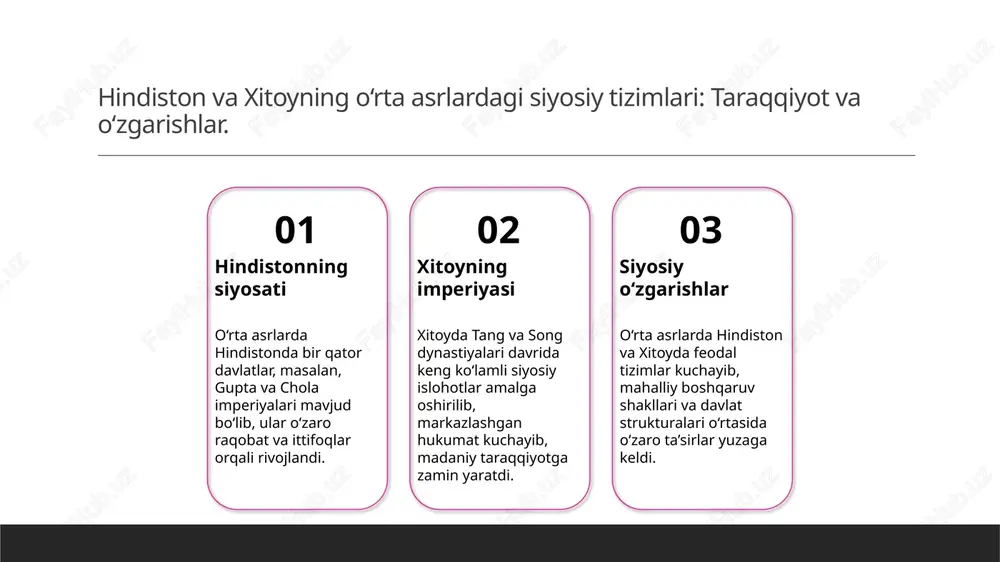 qichlari. 1 madaniy taraqqiyot - o‘rta asrlarda hindiston va xitoyda madaniyatning rivojlanishi, san'at, adabiyot va falsafa sohalarida yangi yo‘nalishlar ochdi. 2 san'at va arxitektura - hindiston va xitoyda o‘rta asrlarda yirik san'at asarlari, masalan, taj mahal va xitoy devori, madaniy merosni boyitdi va xalqaro ta'sir ko‘rsatdi. 3 adabiyot va bilim - o‘rta asrlarda hindiston va xitoyda adabiyot, ilm-fan va falsafa rivojlandi, bu davrda ko‘plab asarlar, masalan, "mahabharata" va "tao te ching", yaratilgan. o'rta asrlardagi din va falsafa ta'siri: hindiston va xitoy. 1 din va falsafa o'rta asrlarda hindiston va xitoyda din va falsafa, ijtimoiy hayotda muhim rol o'ynab, odamlarning qadriyatlarini shakllantirgan. 2 ta'sir va o'zgarish buddizm va konfutsiylik, ikki mintaqada madaniy va siyosiy o'zgarishlarga sabab bo'lib, ijtimoiy tuzilmalarga ta'sir ko'rsatdi. 3 madaniy integratsiya din va falsafa orqali hindiston va xitoy o'rtasida madaniy integratsiya yuzaga keldi, bu esa savdo va ilmiy almashuvlarni rag'batlantirdi. adabiyot va san'at: o'rta asrlar madaniyatining yuksalishi. 1 …