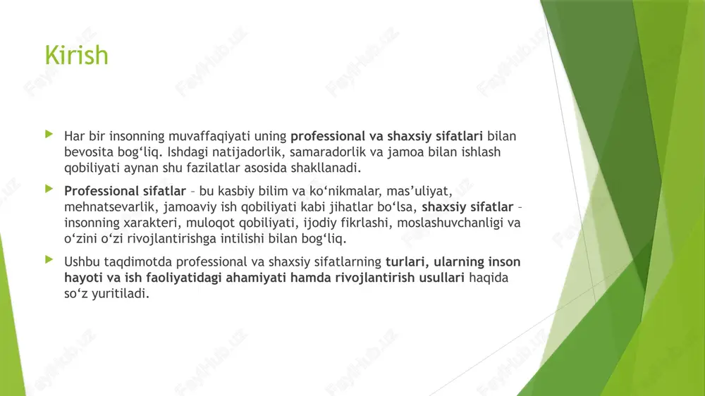 mehnat qilishdir.  📌 ushbu sifatlarning ahamiyati: ✅ ish jarayonida samaradorlikni oshiradi. ✅ natijaga yo‘naltirilganlikni kuchaytiradi. ✅ professional rivojlanishga yordam beradi.  📌 motivatsiyani oshirish usullari: 🔸 aniq maqsadlar qo‘yish va ularga erishish yo‘llarini belgilash. 🔸 o‘z ustida ishlash va yangi bilimlarni o‘zlashtirish. 🔸 ish jarayonida ilhomlantiruvchi omillarni topish. jamoada ishlash qobiliyati  🔹 jamoada ishlash qobiliyati – bu insonning hamkasblari bilan samarali hamkorlik qilish, muammolarni birgalikda hal qilish va umumiy natijaga erishish qobiliyatidir.  📌 jamoaviy ishning asosiy jihatlari: ✅ boshqalar bilan ochiq va samimiy muloqot qilish. ✅ o‘zaro tushunish va murosaga kelish. ✅ jamoa manfaatlarini ustuvor qo‘yish va hamkorlikda natijaga intilish.  📌 bu sifatni qanday rivojlantirish mumkin? 🔸 faol tinglash va hamkasblarning fikriga hurmat bilan yondashish. 🔸 jamoaviy loyihalarda ishtirok etish va mas’uliyatni bo‘lishish. 🔸 fikrlar xilma-xilligini qabul qilish va muhokamalarni konstruktiv olib borish. muammo hal qilish va tanqidiy fikrlash  🔹 muammo hal qilish qobiliyati – …