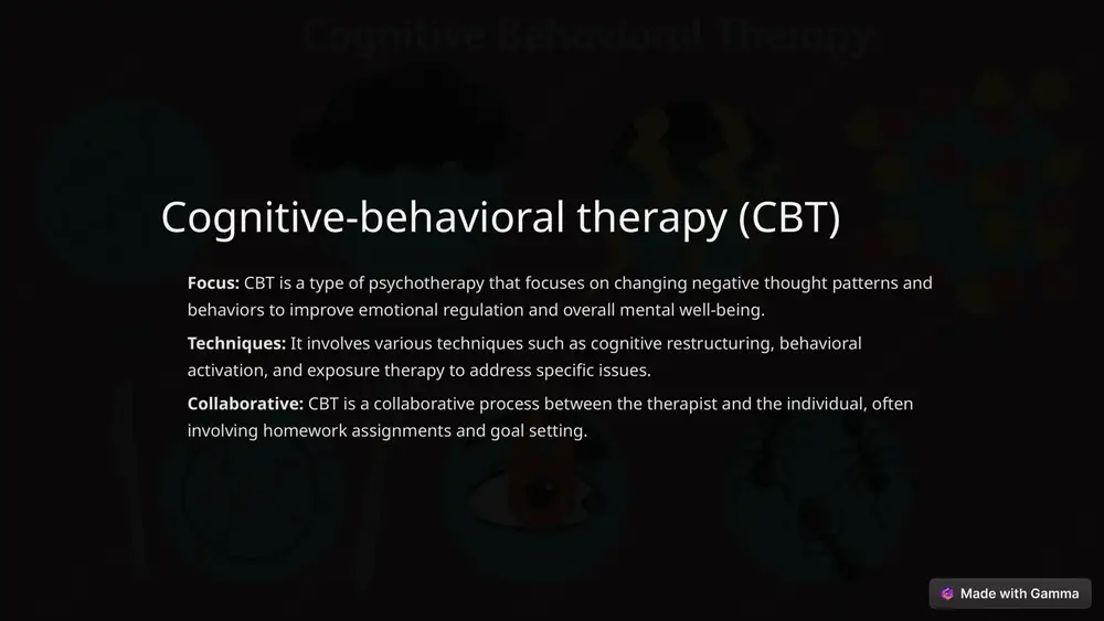 ples of freudian psychology, focuses on the exploration of unconscious processes and how they influence a person's thoughts, feelings, and behaviors. the therapist encourages the client to discuss their early childhood experiences, relationships, and emotions to gain insight into their inner conflicts and unresolved issues. this therapeutic approach emphasizes the role of the therapist-client relationship, transference, and the interpretation of dreams and symbols. through the exploration of past experiences and the expression of emotions, individuals can gain a deeper understanding of themselves and develop healthier ways of coping with challenges. psychodynamic therapy aims to bring the unconscious into consciousness, leading to personal growth, self-awareness, and improved psychosocial functioning. 5 humanistic therapy humanistic therapy, also known as humanistic psychology, focuses on an individual's unique potential and emphasizes the importance of self-exploration, creativity, and human nature. this approach emphasizes the client's capacity for personal growth, self-actualization, and self-determination. practitioners of humanistic therapy …