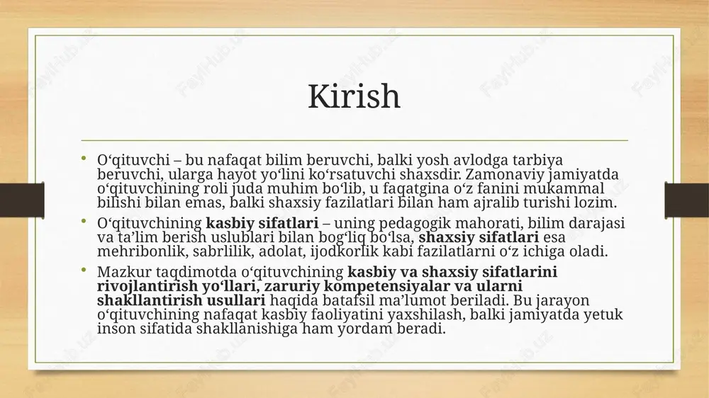 adi. zamonaviy o‘qituvchining bilim doirasi bugungi kunda o‘qituvchi nafaqat o‘z fanini, balki turli sohalardagi bilimlarni ham chuqur bilishi kerak. 🔹 asosiy fan va metodika – o‘z fanining nazariyasi va zamonaviy o‘qitish usullari. 🔹 pedagogika va psixologiya – o‘quvchilarning yosh va individual xususiyatlarini tushunish. 🔹 axborot texnologiyalari – raqamli ta’lim platformalari va zamonaviy texnologiyalardan foydalanish. 🔹 ijtimoiy va madaniy bilimlar – jamiyatdagi o‘zgarishlar va global jarayonlardan xabardorlik. 🔹 innovatsion ta’lim yondashuvlari – steam, interfaol metodlar va muammoli ta’lim. zamonaviy o‘qituvchining keng bilim doirasi ta’lim jarayonini sifatli va samarali tashkil etish imkonini beradi. pedagogik innovatsiyalar va kreativ yondashuvlar zamonaviy ta’lim jarayonida innovatsion va ijodiy yondashuvlar o‘quvchilarning qiziqishini oshirib, samaradorlikni ta’minlaydi. 🔹 interfaol metodlar – munozara, rolli o‘yinlar, aqliy hujum usullari. 🔹 steam ta’limi – fan, texnologiya, muhandislik, san’at va matematikani uyg‘unlashtirish. 🔹 raqamli texnologiyalar – onlayn platformalar, video darslar va sun’iy intellektdan foydalanish. 🔹 individual yondashuv – har bir o‘quvchining qobiliyatlarini inobatga …