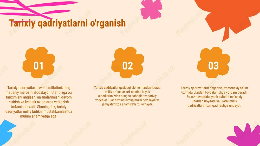 adriyatlarni qayta tiklash va ularni zamonaviylashtirishga yordam beradi. 01 02 tarixiy qadriyatlarni tiklash strategiyalari ushbu slaydda milliy tarbiyaviy qadriyatlarni tiklash va zamonaviy ta'lim tizimiga integratsiya qilish bo'yicha strategiyalar muhokama qilinadi. tarixiy qadriyatlar zamonaviy ta'limda qanday o'rin egallashi va yosh avlodni tarbiyalashda qanday ahamiyatga ega ekanligi ko'rsatiladi. o'zbekistonning boy tarixi va madaniyatidan olingan darslar, innovatsion texnologiyalar yordamida ta'lim jarayoniga kiritiladi. bu jarayonlar orqali talabalar tarixiy qadriyatlarni o'z hayotlariga qanday qo'shishlari mumkinligi ko'rsatiladi. tarixiy qadriyatlar va kelajak tarixiy qadriyatlarning ahamiyati tarixiy qadriyatlar milliy kimlik va madaniyatimizning asosi hisoblanadi. ular nafaqat o'zimizni anglashimiz, balki kelajak avlodlarga meros sifatida yetkazishimizda ham muhim ahamiyatga ega. tarixiy qadriyatlarimizni saqlab qolish, ularni zamonaviy sharoitlarda yangilash orqali, millatimizni yanada kuchaytirishimiz mumkin. zamonaviylashtirish jarayonlari zamonaviylashtirish jarayonlari tarixiy qadriyatlarni yangi shakllarda namoyon etishni anglatadi. bu jarayon, avvalo, ta'lim tizimimizda tarixiy qadriyatlarni integratsiyalashni, madaniy tadbirlar orqali ularni yoshlar orasida keng targ'ib qilishni va zamonaviy texnologiyalardan foydalanishni talab qiladi. bunday yondashuvlar qadriyatlarimizni …