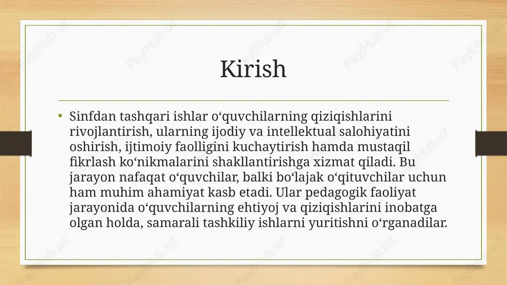 araklarini tashkil etish • 📌 fan olimpiadalariga tayyorgarlik – iqtidorli o‘quvchilar bilan ishlash, ularning bilimlarini chuqurlashtirish va fan olimpiadalariga puxta tayyorgarlik ko‘rish. bunda maxsus testlar, masala yechish usullari va nazariy bilimlarni mustahkamlash muhim ahamiyat kasb etadi. • 📌 tajriba va laboratoriya ishlari – fanlarni amaliy o‘rganish uchun turli eksperimentlar o‘tkazish. fizika, kimyo, biologiya kabi fanlarda laboratoriya ishlari o‘quvchilarning ilmiy qiziqishini oshiradi. • 📌 loyihalar va ilmiy tadqiqotlar – o‘quvchilarga ilmiy izlanish olib borish ko‘nikmalarini shakllantirish, kichik tadqiqot ishlarini bajarish va ijodiy loyihalar ustida ishlash imkonini yaratish. madaniy-ma’rifiy tadbirlar • 📖 kitobxonlik klublari – o‘quvchilar bilan kitob muhokamalari, badiiy va ilmiy adabiyotlarni o‘qish va ulardan xulosa chiqarish orqali tahliliy fikrlashni rivojlantirish. kitobxonlik musobaqalari va ijodiy insho tanlovlari ham tashkil etilishi mumkin. • 🎭 teatr va san’at kechalari – o‘quvchilarning badiiy savodxonligini oshirish, ular uchun spektakllar sahnalashtirish yoki teatr tomoshalarini tashkil qilish. shuningdek, qo‘shiq, raqs va tasviriy san’atga oid mahorat darslari ham …