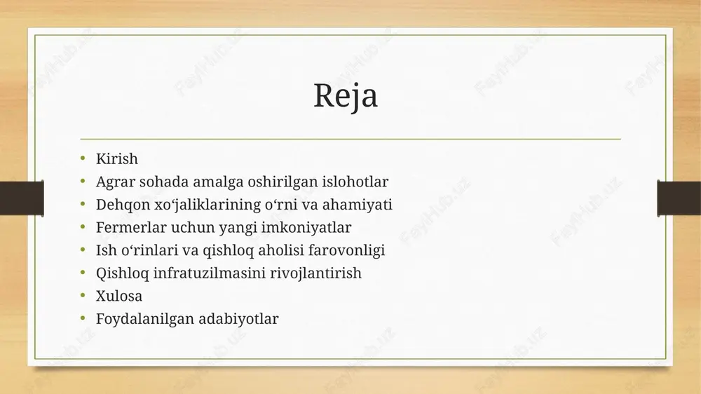 qaror rivojlanishiga xizmat qilmoqda. sug‘orish tizimlarini rivojlantirish qishloq xo‘jaligida zamonaviy tomchilatib sug‘orish texnologiyalarini joriy etish orqali suvdan tejamkorlik bilan foydalanish yo‘lga qo‘yildi. suv resurslaridan samarali foydalanish maqsadida irrigatsiya tizimlari modernizatsiya qilinib, yangi suv tejovchi texnologiyalar tatbiq etilmoqda. suv tanqisligini bartaraf etish uchun suv omborlari qurish, quduqlar qazish va yer osti suvlaridan foydalanish bo‘yicha loyihalar amalga oshirilmoqda. bu chora-tadbirlar hosildorlikni oshirishga va qishloq xo‘jaligining barqaror rivojlanishiga xizmat qilmoqda. agrosanoat kompleksining rivojlanishi • qishloq xo‘jaligida mahsulotlarni qayta ishlash bo‘yicha zamonaviy zavod va korxonalar barpo etilib, qo‘shimcha qiymatga ega mahsulotlar ishlab chiqarish kengaymoqda. eksportga yo‘naltirilgan mahsulotlar yetishtirish va qayta ishlash tizimi rivojlanib, xalqaro bozorga chiqish imkoniyatlari kengaymoqda. innovatsion texnologiyalar va raqamlashtirish orqali ishlab chiqarish jarayonlari avtomatlashtirilib, qishloq xo‘jaligining samaradorligi oshirilmoqda. bu islohotlar o‘zbekistonning agrar sektorini raqobatbardosh va barqaror qilishga xizmat qilmoqda. fermerlar uchun yangi imkoniyatlar fermer xo‘jaliklarining samaradorligini oshirish maqsadida qishloq xo‘jaligi kooperativlari rivojlantirilib, ular resurslardan birgalikda foydalanish imkoniyatiga ega bo‘ldi. agrologistika va …