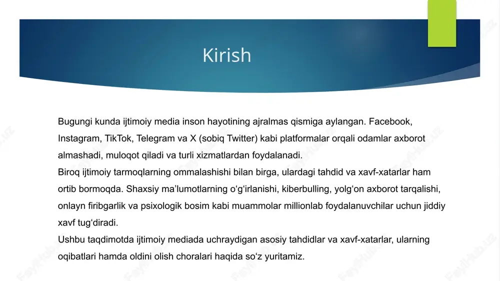 shlarga sabab bo‘ladi.  shaxsiy ma’lumotlarni himoya qilish uchun ishonchli parollar ishlatish, maxfiylik sozlamalarini to‘g‘ri boshqarish va shubhali havolalarga kirmaslik lozim. noto‘g‘ri axborot tarqalishi (fake news)  ijtimoiy tarmoqlarda axborot tez va keng tarqalishi sababli yolg‘on xabarlar (fake news) katta muammo hisoblanadi. bunday axborot jamoatchilik fikrini manipulyatsiya qilish, noto‘g‘ri qarorlar qabul qilish va hatto ijtimoiy beqarorlikka olib kelishi mumkin.  ijtimoiy tarmoqlarda yolg‘on xabarlar: ayrim shaxslar yoki guruhlar ataylab yolg‘on yoki haqiqatga to‘g‘ri kelmaydigan xabarlarni tarqatadi. bunday ma’lumotlar ko‘pincha shov- shuvli sarlavhalar bilan e’lon qilinib, odamlarning e’tiborini tortish va ularning his- tuyg‘ulariga ta’sir qilishga qaratilgan bo‘ladi.  manipulyatsiya va dezinformatsiya: ayrim tashkilotlar yoki shaxslar turli manfaatlarini ilgari surish maqsadida axborotni noto‘g‘ri talqin qilishi yoki uni buzib ko‘rsatishi mumkin. bunday dezinformatsiyalar siyosiy, iqtisodiy va ijtimoiy jarayonlarga ta’sir o‘tkazish uchun ishlatiladi.  yolg‘on axborotning oldini olish uchun foydalanuvchilar axborot manbalarini tekshirish, ishonchli va rasmiy manbalarga tayanish hamda shubhali ma’lumotlarni tarqatmasliklari lozim. kiberbulling …
