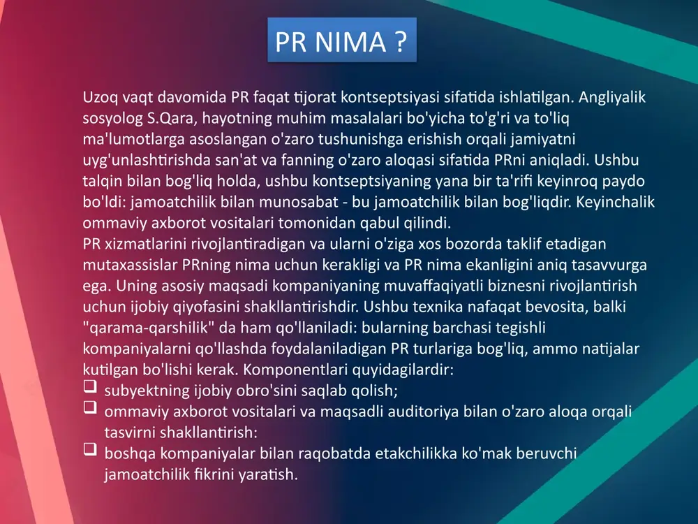 ar asosida qora tanli xizmatlar ko'rsatadigan barcha kompaniyalar ham paydo bo'ldi. raqibning ishonchini yo'qotish va uni buzish mumkin bo'lgan barcha mumkin bo'lgan "qovurilgan" faktlar nurga aylanadi: shaxsiy hayot tafsilotlari; yosh xatolar; ish tafsilotlarini ko'tarish bilan bog'liq tafsilotlar. oq pr haqiqatan ham ommaviy axborot vositalari ishtirokchilari va maqsadli auditoriya bilan muloqot qilish uchun qulay imkoniyat sifatida ishlatiladigan oq pr. bunday holda, axborot juda ijobiy va faqat ishonchli ma'lumotlar ommaviy axborotga aylanadi. oq prning klassik namunasi 1964-65- yillarda ford mustangning ommaviy ishlab chiqarishda ishga tushirilishi. keyinchalik d. ford korporatsiyasining egasi pr-aksiyasi sifatida yangi xaridorlarga qiziqish uyg'otadigan yangi xaridorlar uchun dj-lar paydo bo'lgan. grey pr qora va oq rangli pr elementlarini birlashtirgan holda, haqiqat ma'lumotlarini tarqatish uchun foydalaniladi. shunday qilib, aniq shaxs yoki kompaniyaga murojaat qilish har doim ham bo'lmaydi. kul pr ning paydo bo'lishining sababi hayotning turli masalalari bo'yicha ishonchli ma'lumotlarning yo'qligi. uni qo'llash maqsadlari orasida: adolatni tiklash; huquq va erkinliklarga rioya …