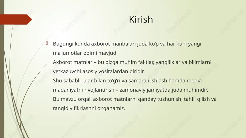 a media xabarlarini yaxshi tushunish va ularni ongli ravishda qabul qilish imkonini beradi;  axborot oqimidagi noto‘g‘ri, yolg‘on yoki manipulyativ ma’lumotlarga qarshi immunitet hosil qiladi.  bugungi zamonda media madaniyat – jamiyatda axborot xavfsizligi va erkin fikr almashinuvi uchun zarur ko‘nikmadir. axborot matnlar va media madaniyatning ahamiyati  axborot matnlar va media madaniyat zamonaviy jamiyatda juda muhim ahamiyatga ega:  axborot olishda asosiy vosita: axborot matnlar orqali odamlar dunyoda yuz berayotgan voqealar, yangiliklar va muhim ma’lumotlardan xabardor bo‘ladilar.  tanqidiy fikrlashni rivojlantirish: media madaniyat odamlarni kelayotgan ma’lumotlarni tanqidiy tahlil qilishga, haqiqat va yolg‘onni ajratishga o‘rgatadi.  axborot xavfsizligini ta’minlash: media madaniyat yordamida yolg‘on va manipulyatsiya qilingan axborotlardan himoyalanish mumkin bo‘ladi.  demokratiya va erkin fikr almashinuvini qo‘llab-quvvatlash: media madaniyat odamlarning o‘z fikrini erkin ifoda etishi va boshqalar bilan to‘g‘ri muloqot qilishiga yordam beradi.  jamiyat rivojiga ta’siri: axborot matnlar va media madaniyat jamiyat a’zolarining bilim darajasini oshiradi, ijtimoiy faollikni kuchaytiradi. …