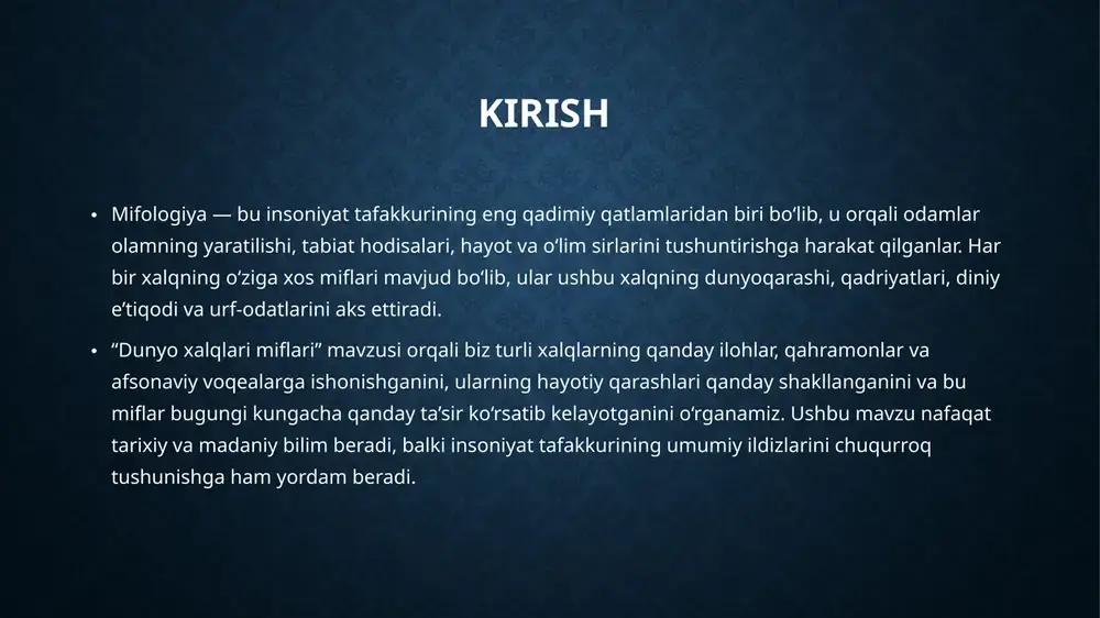 mumiyolash, piramida qurish kabi marosimlarga katta ahamiyat berganlar. osiris va isida haqidagi miflar esa sevgining, sadoqatning va hayotiy aylanishning ramzidir. skandinav (viking) mifologiyasi — matn • skandinav mifologiyasi qadimgi norvegiya, shvetsiya va daniya xalqlarining afsonalari asosida shakllangan. bu mifologiya asosan vikinglar dunyoqarashi, urf-odatlari va e’tiqodlarini aks ettiradi. ularning e’tiqodida olam bir necha dunyolardan iborat bo‘lib, ular orasida asgard — ilohlar yashaydigan joy, midgard — insonlar yashaydigan yer va valhalla — jangda halok bo‘lgan qahramonlarning ruhi boradigan joy alohida o‘rin tutadi. • skandinav mifologiyasining eng muhim ilohlaridan biri — odin bo‘lib, u donolik, urush va sehr ilohi sifatida tanilgan. u donolik topish uchun o‘z ko‘zidan voz kechgan. tor (thor) — momaqaldiroq va himoya ilohi bo‘lib, u kuchli va adolatli jangchi sifatida tasvirlanadi. u o‘zining qudratli bolg‘asi — mjölnir bilan yovuz kuchlarga qarshi kurashadi. loki — o‘zgaruvchan va hiylakor iloh bo‘lib, u ko‘p hollarda muammolar sababchisi sanaladi. frigg esa onalik va muhabbat …