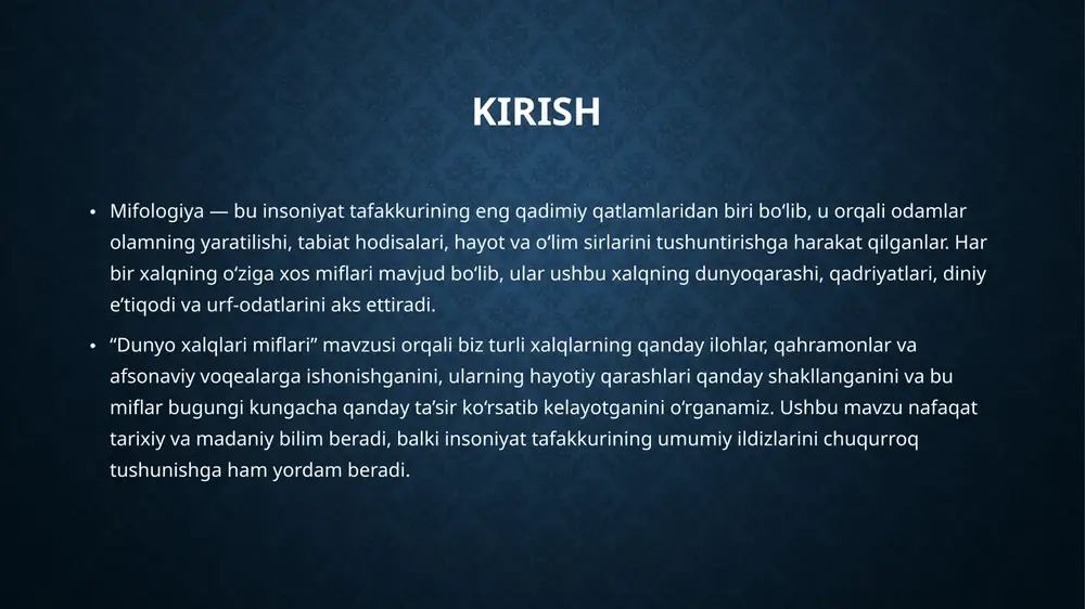 ngan. shu sababli ular mumiyolash, piramida qurish kabi marosimlarga katta ahamiyat berganlar. osiris va isida haqidagi miflar esa sevgining, sadoqatning va hayotiy aylanishning ramzidir. skandinav (viking) mifologiyasi — matn • skandinav mifologiyasi qadimgi norvegiya, shvetsiya va daniya xalqlarining afsonalari asosida shakllangan. bu mifologiya asosan vikinglar dunyoqarashi, urf-odatlari va e’tiqodlarini aks ettiradi. ularning e’tiqodida olam bir necha dunyolardan iborat bo‘lib, ular orasida asgard — ilohlar yashaydigan joy, midgard — insonlar yashaydigan yer va valhalla — jangda halok bo‘lgan qahramonlarning ruhi boradigan joy alohida o‘rin tutadi. • skandinav mifologiyasining eng muhim ilohlaridan biri — odin bo‘lib, u donolik, urush va sehr ilohi sifatida tanilgan. u donolik topish uchun o‘z ko‘zidan voz kechgan. tor (thor) — momaqaldiroq va himoya ilohi bo‘lib, u kuchli va adolatli jangchi sifatida tasvirlanadi. u o‘zining qudratli bolg‘asi — mjölnir bilan yovuz kuchlarga qarshi kurashadi. loki — o‘zgaruvchan va hiylakor iloh bo‘lib, u ko‘p hollarda muammolar sababchisi sanaladi. frigg …