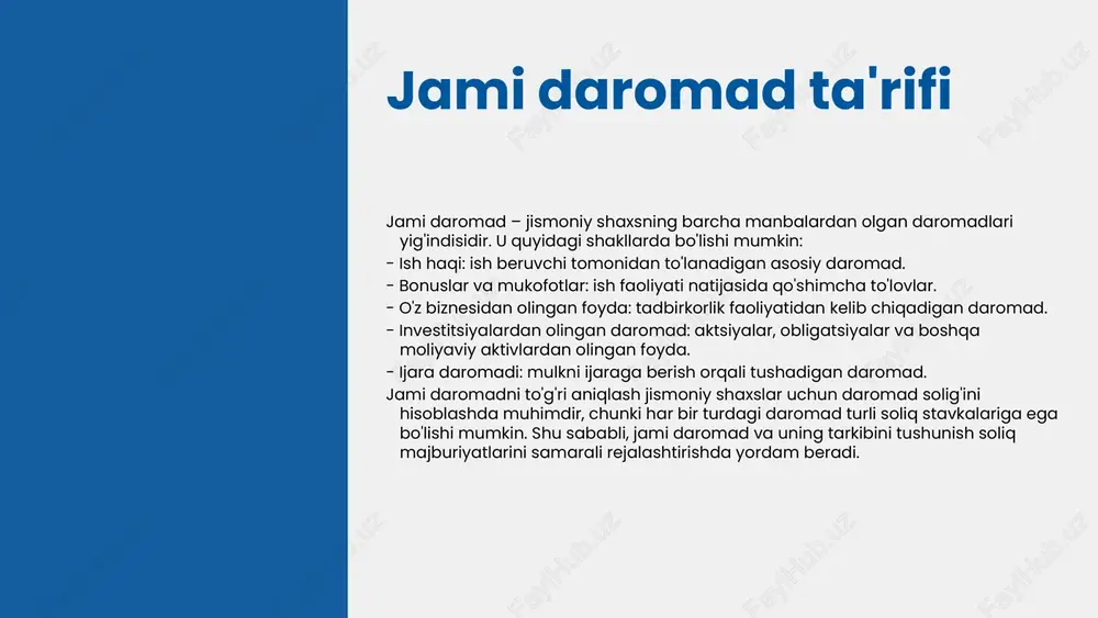 uniy asoslari, shaxslarning jami daromadlarini to'g'ri tasniflash va soliq to'lovlarini aniq hisoblash imkonini beradi. jami daromad va daromad solig'ining o'zaro ta'siri 1 2 3 4 daromad solig i turlariʻ daromad solig i - jismoniy ʻ shaxslardan olinadigan daromadga nisbatan belgilangan soliqning turli ko rinishlari mavjud. ‘ ular, asosan, umumiy daromadni ta'sir qiladi. daromad solig i turlari, ʻ masalan, progressiv, proporsional va regressiv soliq tizimlaridir. har bir tizimda soliq stavkalari va qo‘llash usullari turlicha bo‘ladi. progressiv soliq tizimida daromad ortishi bilan soliq stavkasi oshadi, bu esa yuqori daromadli shaxslar uchun ko proq soliq ‘ to‘lashni anglatadi. proporsional tizimda esa har bir daromad uchun bir xil soliq stavkasi amal qiladi. bularning har biri iqtisodiy ta'sirga ega. progressiv soliq jamiyatda tengsizlikni kamaytirishga yordam beradi, proporsional soliq esa iqtisodiy o sishni ‘ rag‘batlantirishi mumkin. asosiy daromad solig i ʻ turlari jismoniy shaxslardan olinadigan daromad solig i ʻ turlari, asosan, to g ridan-to g ri …