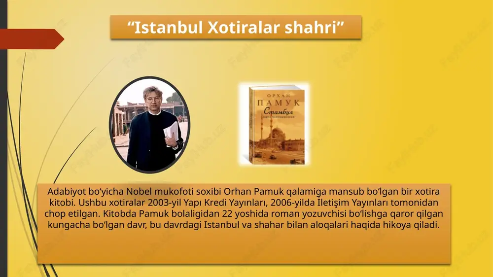 000 lira tovon to'lashga majbur bo'ldi.[9]  pamuk muntazam yozishni 1974 yilda boshlagan.[13] uning birinchi romani "karanlik va yorug'lik" 1979 yilda milliyet matbuoti romanlar tanlovida (mehmet erog'lu ikkinchi g'olib) hammuallif edi. bu roman 1982 yilda "jevdet bey va o'g'ullari" ( jevdet bey va o'g'ullari) nomi bilan nashr etilgan va 1983 yilda orxan kamol roman mukofotiga sazovor bo'lgan. bu roman nishantashi tumanida yashovchi bir badavlat istanbul oilasining uch avlodi haqida hikoya qiladi. pamuk o'sgan istanbul.pamuk o‘zining ilk ijodi uchun bir qancha tanqidiy mukofotlarni qo‘lga kiritdi, jumladan, 1984-yilda “sessiz ev” (“jim uy”) ikkinchi romani uchun “madarali” romani mukofoti va fransuz tiliga tarjimasi uchun 1991-yilgi “prix de la découverte européenne” mukofotiga sazovor bo‘ldi. uning 1985-yilda turk tilida nashr etilgan “beyaz qala” (“oq qal’a”) tarixiy romani 1990-yilda xorijiy fantastika bo‘yicha mustaqil mukofotni qo‘lga kiritdi va xorijda obro‘sini oshirdi. 1991-yil 19-mayda the new york times book review gazetasi shunday deb yozgan edi: “sharqda yangi yulduz …