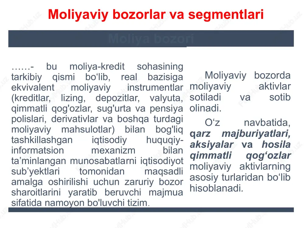 , evrazes bozori); - moliyaviy globallashgan jahon (xalqaro) bozori. 9. tovar hususiyati bo’yicha: - pul va pul asosli instrumentlar (valyutlar, sdr, ssduda, kredit, bank kartochkalari, lotereyalar va h.k.) bozori; - sug’urta instrumentlari (polislar) bozori; - bazaviy qimmatli qog’ozlar (aksiya va obligatsiyalar, sertifikatlar va h.k.), ya’ni ulush va qarz munosabatlariga asoslangan qog’ozlar, bozori; - qimmatli qog’ozlarning hosilalari (derivativlar: optsion, fyuchers, svop, forvard, depozitar tilhatlar, depozitar aktsiyalar) bozori. 10. infratuzilma bo’yicha: - funksional tuzilmasi, bozorni (segmentlari, turlarini) o’z funktsiyalarini bajarishi; - institutsional (operatsion) tuzilmasi, bozor qatnashchilarining faoliyat turlarini amalga oshirishi. moliya bozori tasnifi va turlari tavsifi moliya bozorining tarkibiy tuzulishi qimmatli qog'ozlar bozori - qimmatli qog'ozlar bo'yiicha talab va taklif funktsiyasi hamda ular vositasida jamg'armalami investitsiyalarga transfomatsiyalanishi uchun zaruriy shart-sharoitlarni ta’minlab beruvchi, faoliyati maxsus iqtisodiy-huquqiy-informatsion mexanizm bilan ta’minlangan va tartibga solinuvchi bozor. aksiya – bu korxona mulkdorlari tomonidan uning aktivlari qismiga qo‘yiladigan talab. obligatsiya - kelgusida qayd qilingan summani to‘lashni va’da qiladigan …